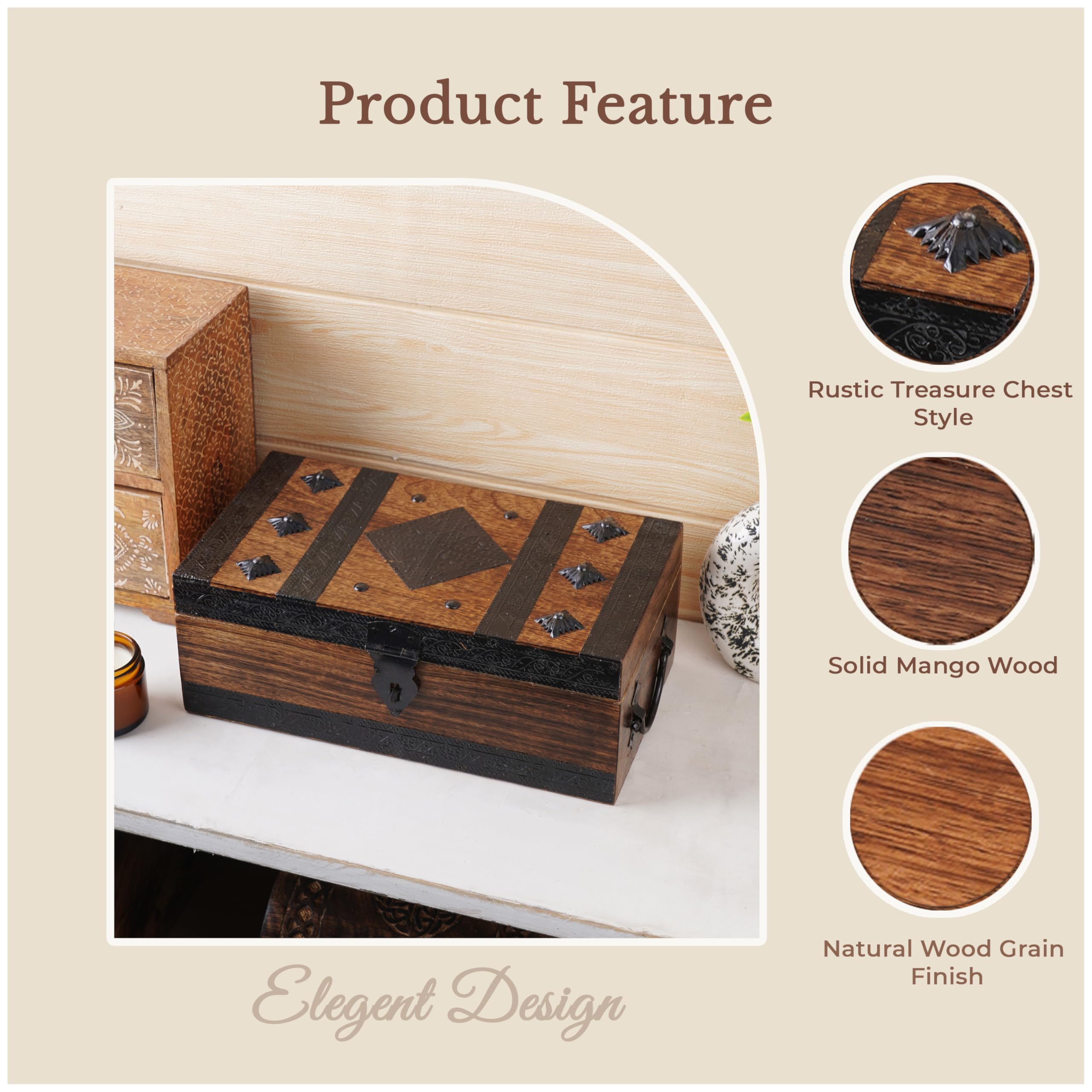 Ajuny Cofre del Tesoro Decorativo de Madera Hecho a mano de Caja de Almacenamiento de Joyas con Diseño de Tiras de Concha Soporte Multiusos para Recuerdos de Viaje Regalos - 11 x 6 pulgadas | Caja de almacenamiento decorativa para joyas, multiusos, recuer