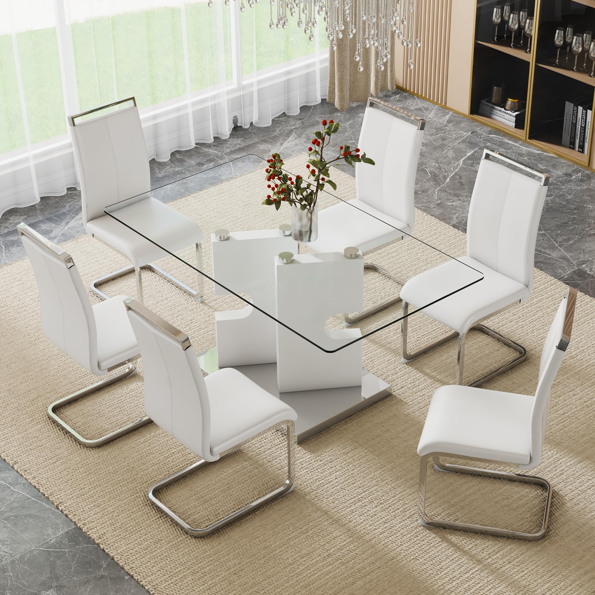 Glass Dining Table Set for 6, 63" White Dinner Room Table Set for 6, Modern Kitchen Table with 6 Upholstered PU Leather Dining Chairs for Dining Room