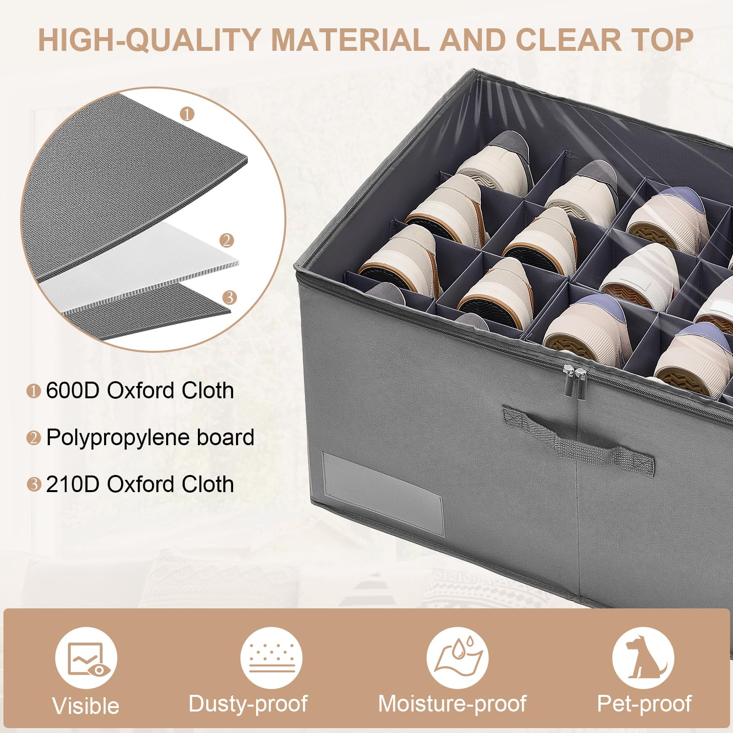 ASHLEYRIVER Organizer per scarpe per armadio, adatto per 12-24 paia, scatola per scarpe con coperchio trasparente, contenitori pieghevoli con manici, armadio salvaspazio adatto per sandali, grigio