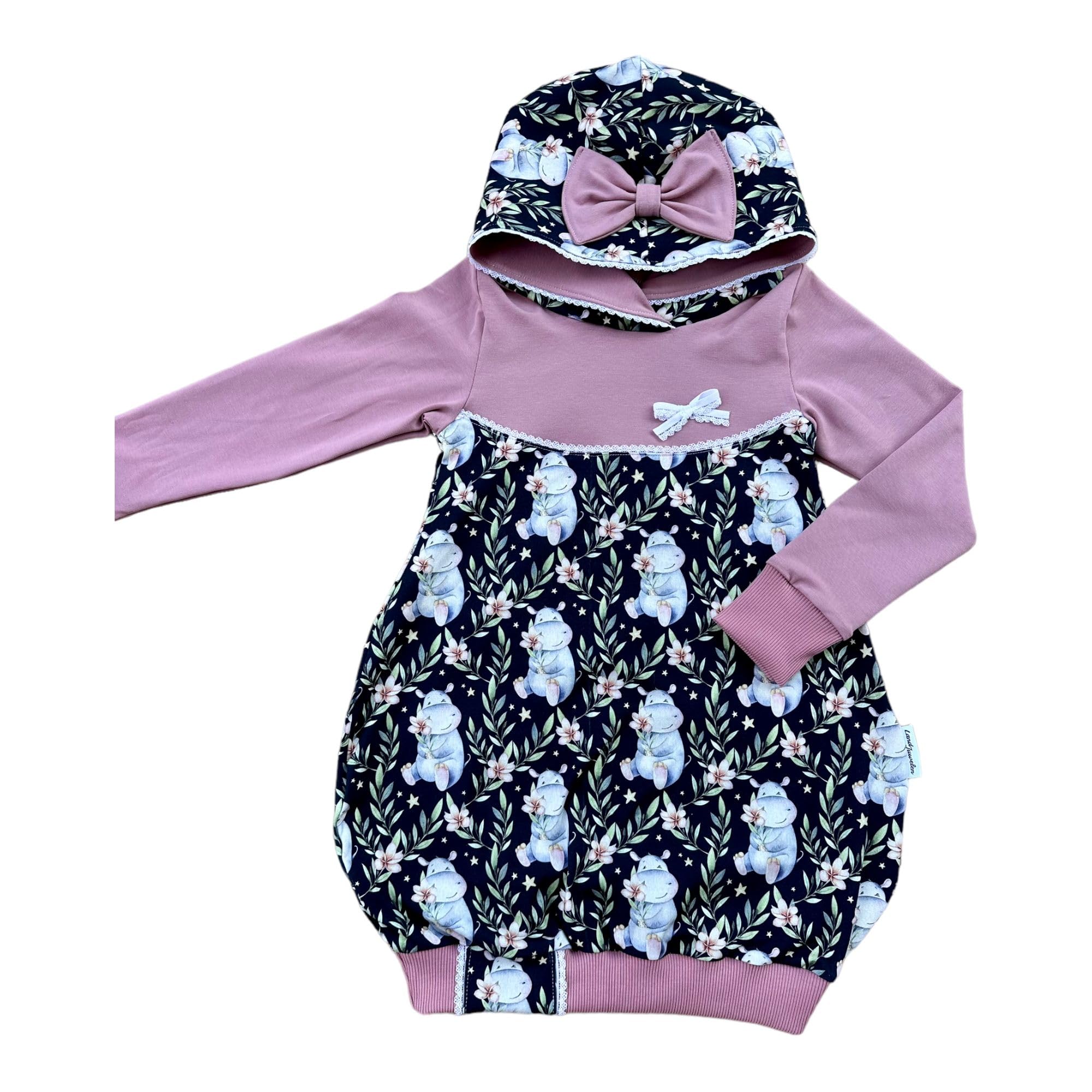 Ballonkleid Kapuzenkleid Mädchen Blumen Nilpferd | Niedlicher Boho Tierprint | Hoodie Sweatkleid Kinderkleidung