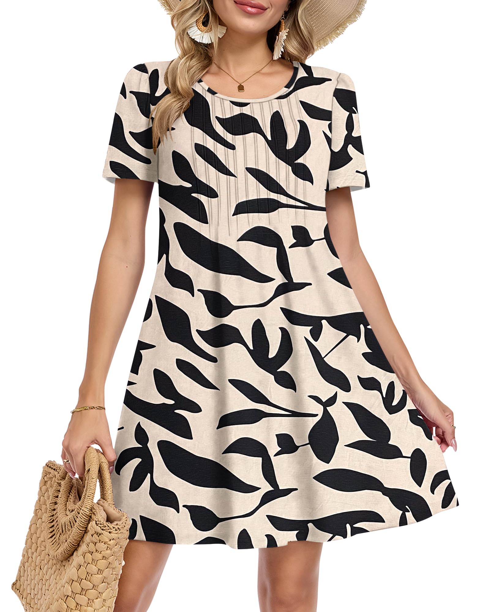 MOLERANI Summer Dresses for Women UK - Round Neck Short Sleeve Midi Dress Ladies Casual Dress with Pockets Apricot Black Leaf M