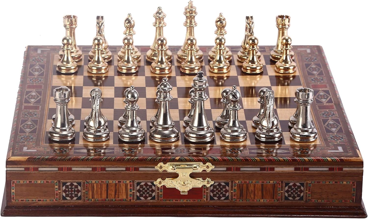 Classic Chess Set Handmade Pieces and Natural Solid Wooden Chess Board with Pearl Design Around Board and Drawers Storage Inside (Gold-Silver)