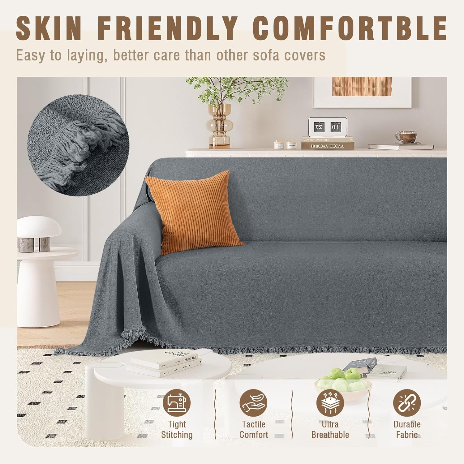 TAOCOCO Couch Covers for Pets Heavy Duty Couch Covers for 3 Cushion Couch Sectional Blankets Durable Furniture Covers for Dogs, Kids, Washable Sofa Slipcovers with Tassels (71''x118'' Dark Grey)