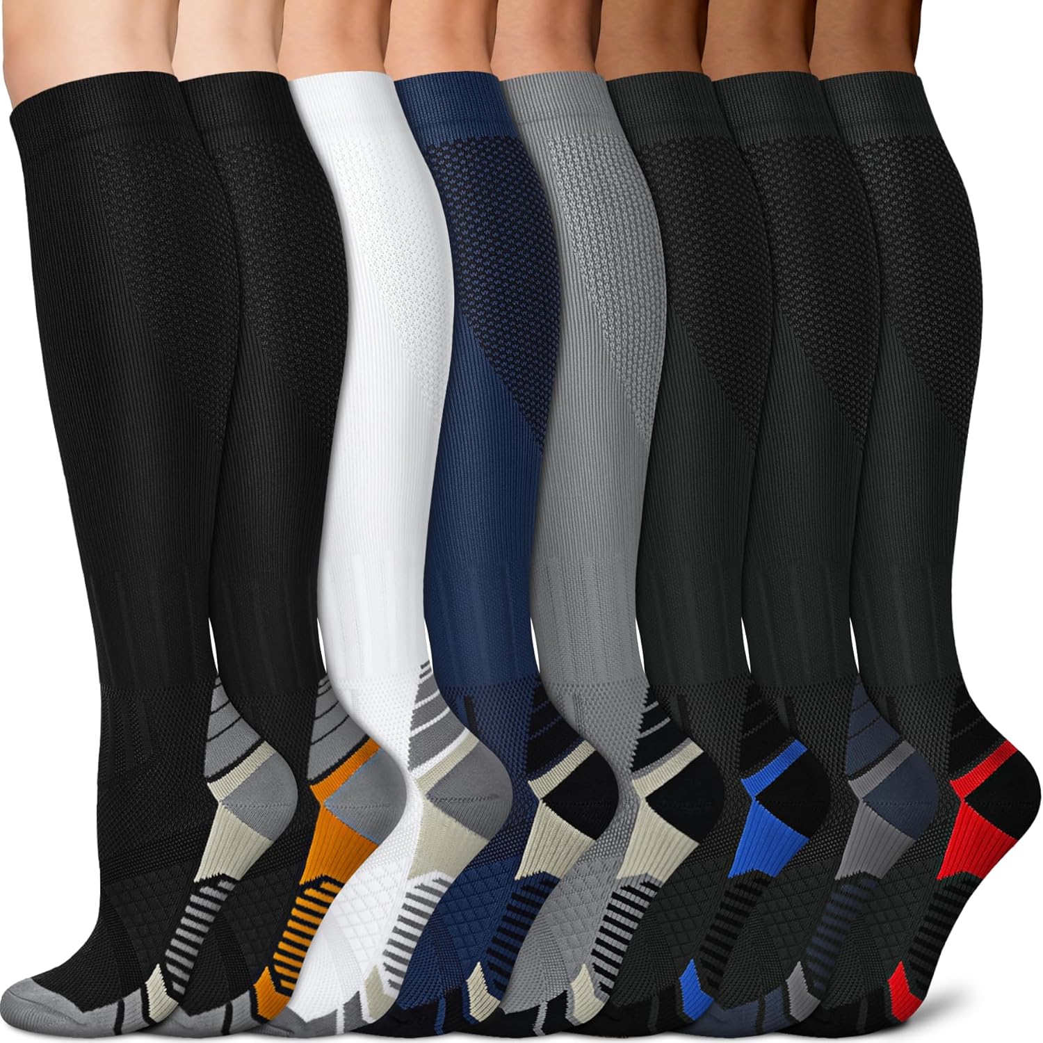 Sooverki Copper Compression Socks for Men & Women 8 Pack 15-20mmHg - Knee High Stockings Best Support for Running Athletic