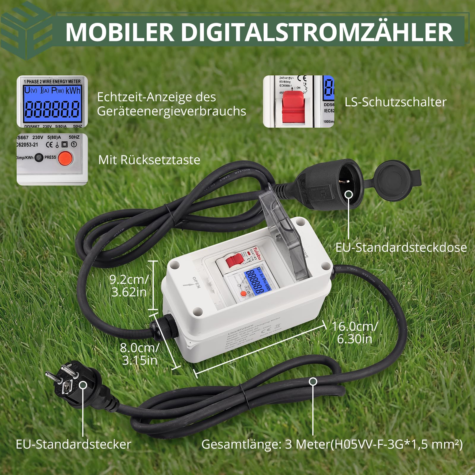 EYPINS Mobilny cyfrowy licznik prądu 80 A, 230 V, zewnętrzny, mobilny miernik KWH z przełącznikiem LS, przenośny licznik prądu LED z resetem, wtyczka SK, złączka, 2 x kabel 1,5 m do kamperów