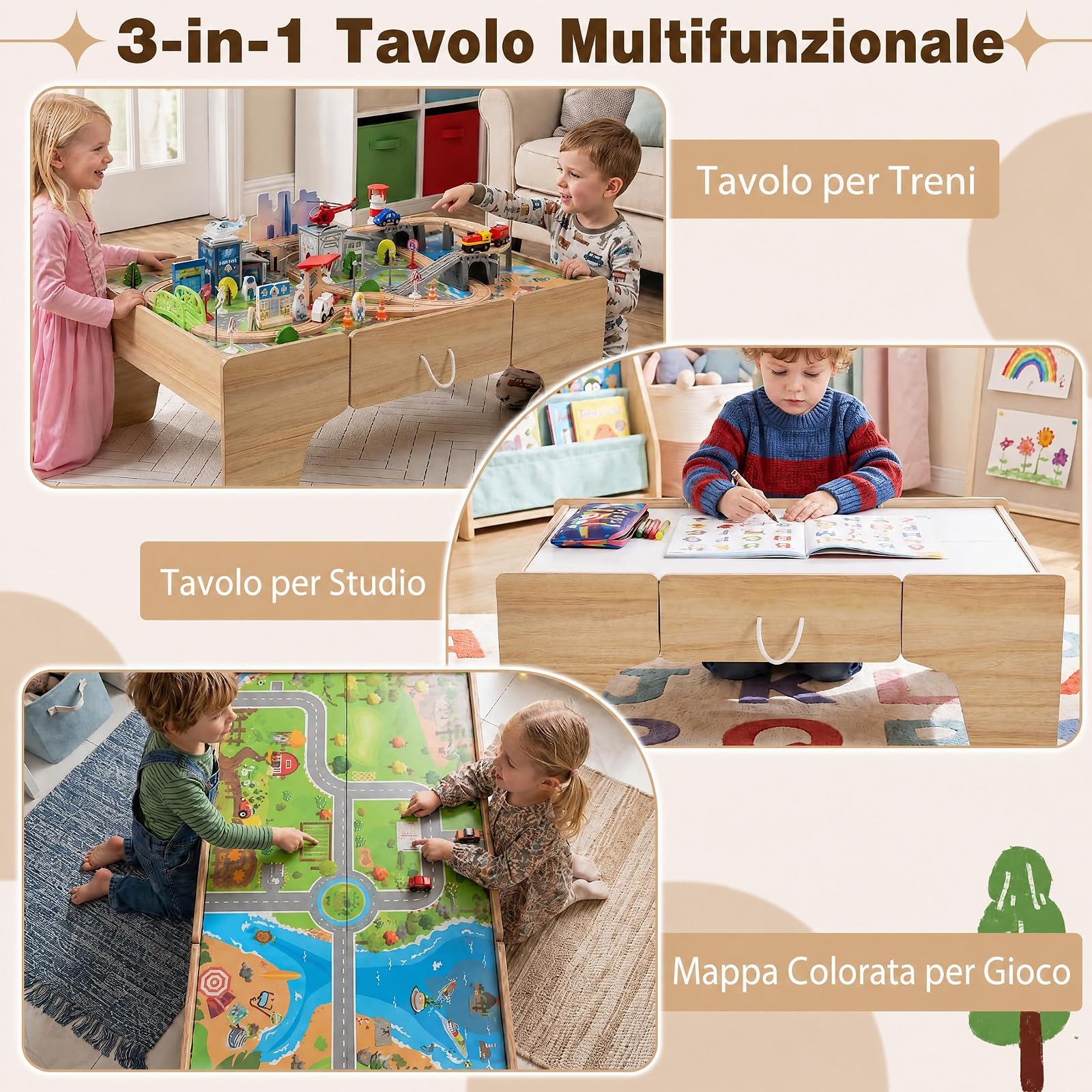 COSTWAY Tavolo Attività per Bambini 3+ Anni, con 110 pz Giocattoli Trenino | Tavolino Creativo con Cassetto e Piano Reversibile e Rimovibile, con Binari, Sistema di Traffico e Mappa, per Gioco e Studio