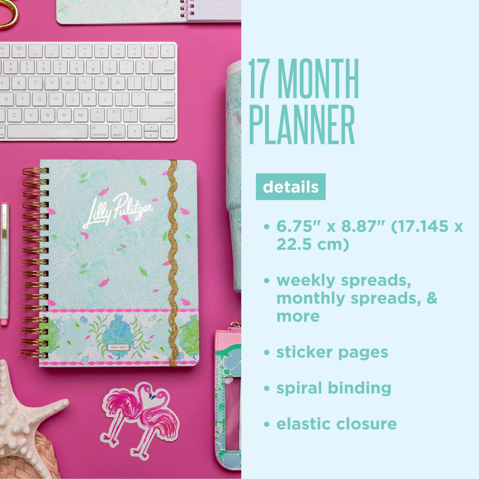 Lilly Pulitzer Grande agenda 17 mesi 17,1 x 22,5 cm, datata agosto 2026-dicembre 2027, rilegatura a spirale dorata e chiusura elastica, layout settimanali e mensili, adesivi, pagine di viaggio e