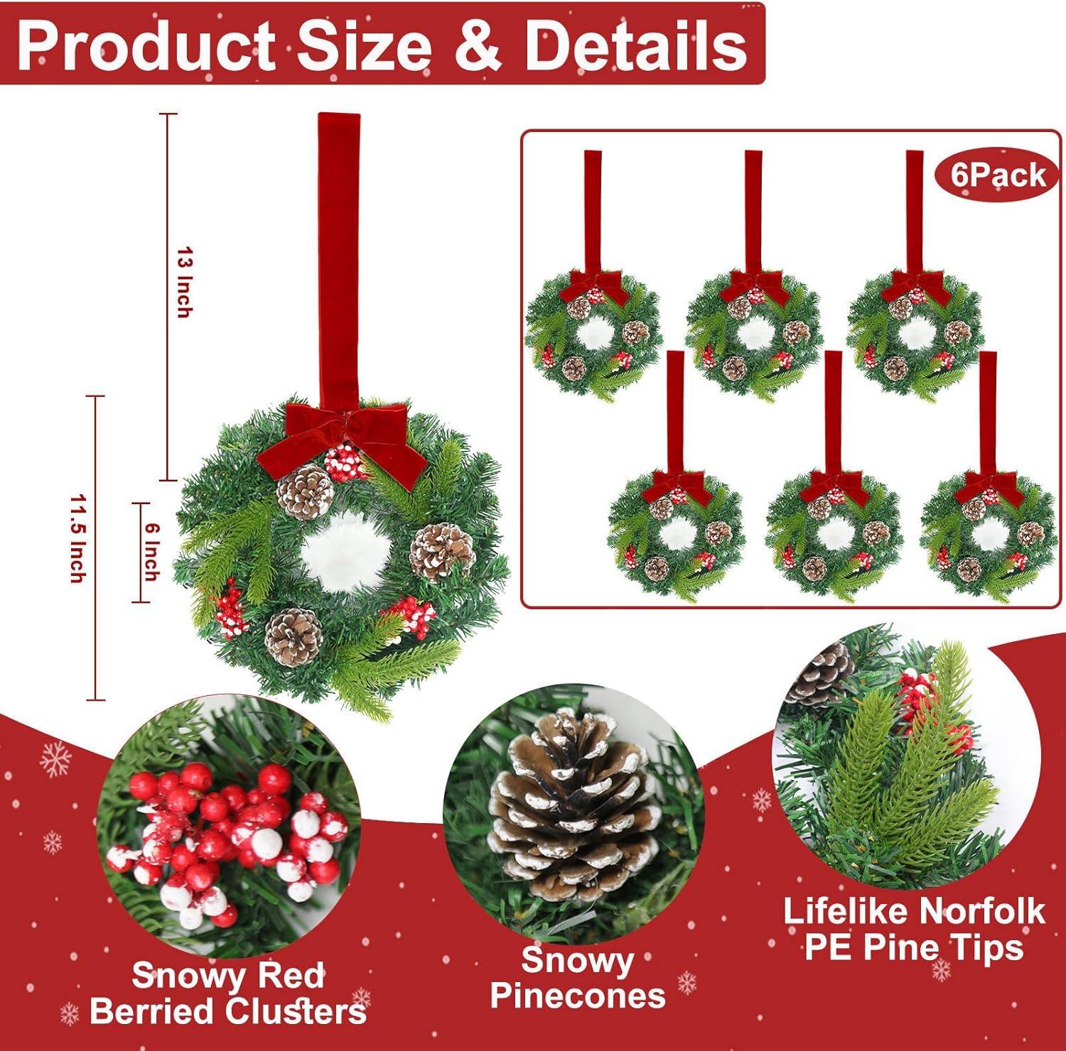 6 Pcs Mini Christmas Wreath for Cabinets Kitchen, 11.5 Inch Small Christmas Wreaths with Christmas Bow & Frosted Berries Pine Tips Pinecones Xmas Hanging Decor for Cabinet Fireplace Windows Indoor