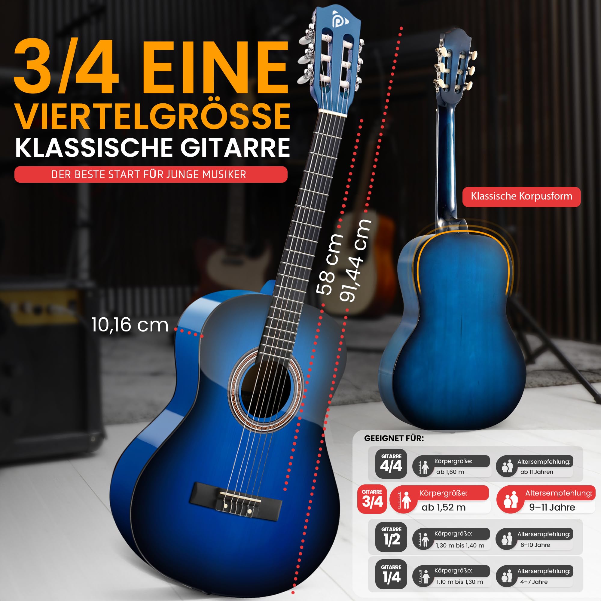 Pyle Konzertgitarre, Rechtshändig, 3/4 Größe, Blau