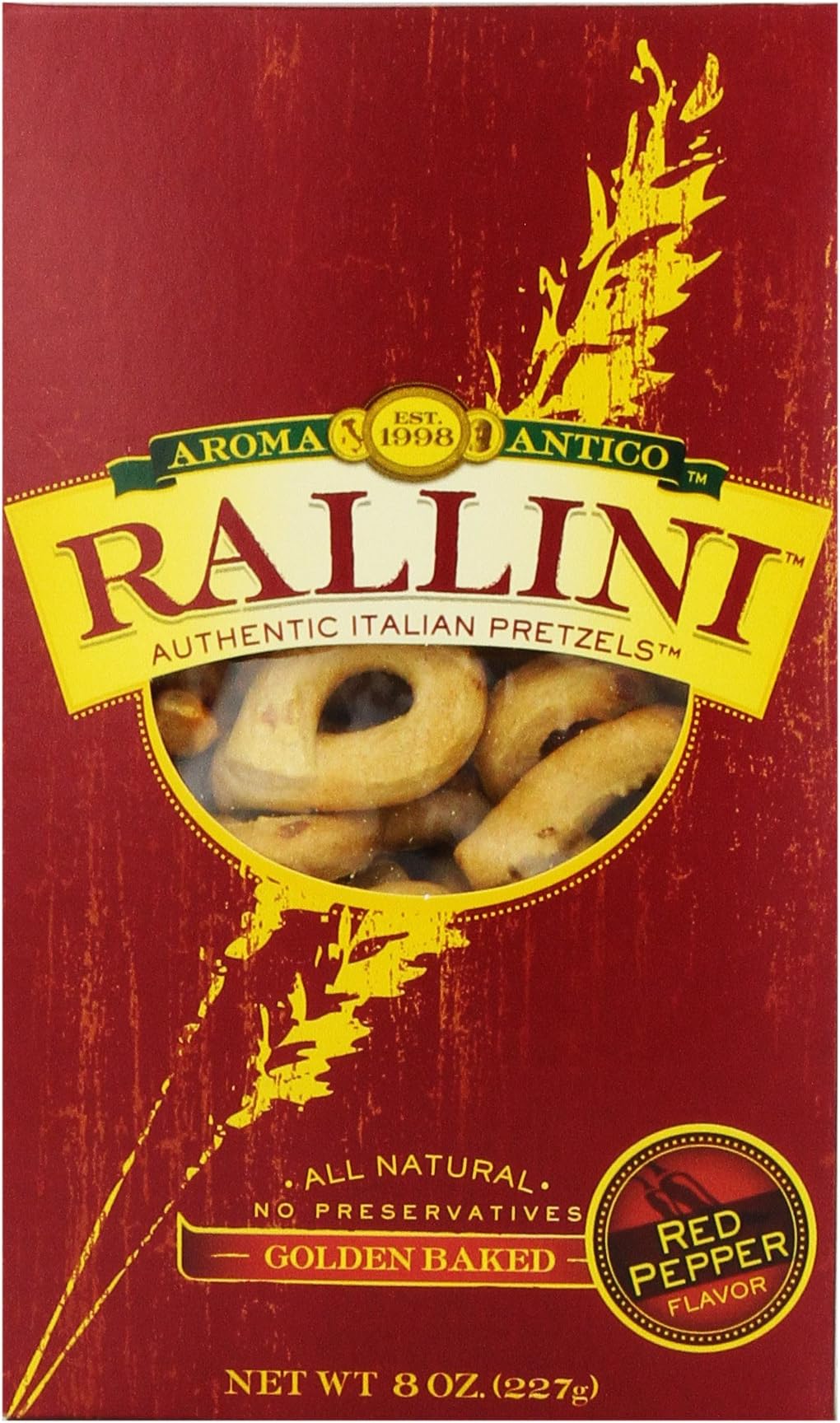 Aroma Antico Rallini Red Pepper Flavor, Italian Pretzels, 8-Ounces Boxes (Pack of 6)