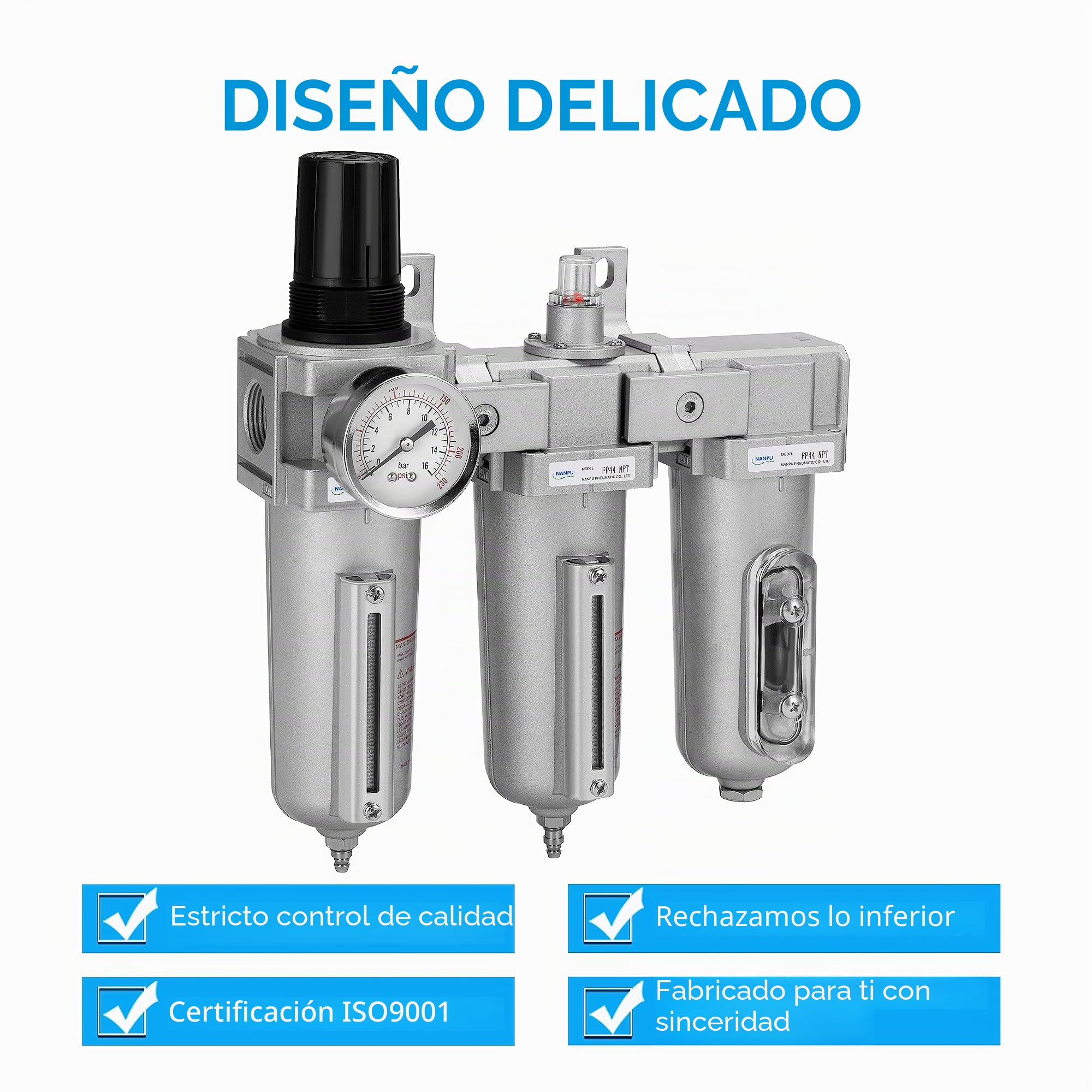 NANPU 3/4" BSP Sistema de Secado de Aire de Grado Industrial de 3 Etapas - Filtro de Partículas, Filtro Coalescente, Secador de Adsorción y Regulador de Aire, Recipiente Metálico, Drenaje Automático