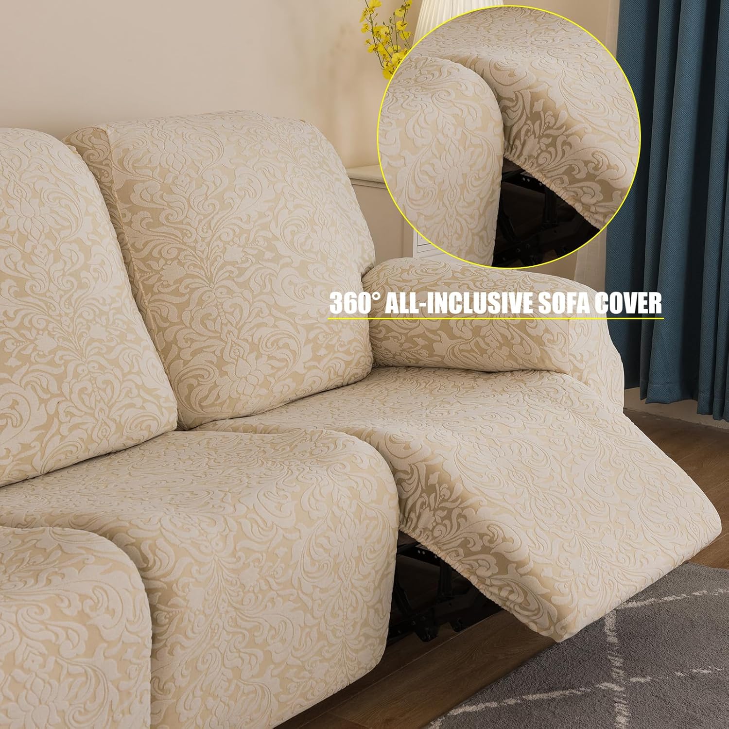 Universal Stretch Reclining Relax Chair Cover Relax Recliner Cover with Pockets, Removable Washable Non-Slip Chair Cover(Khaki,3seat)