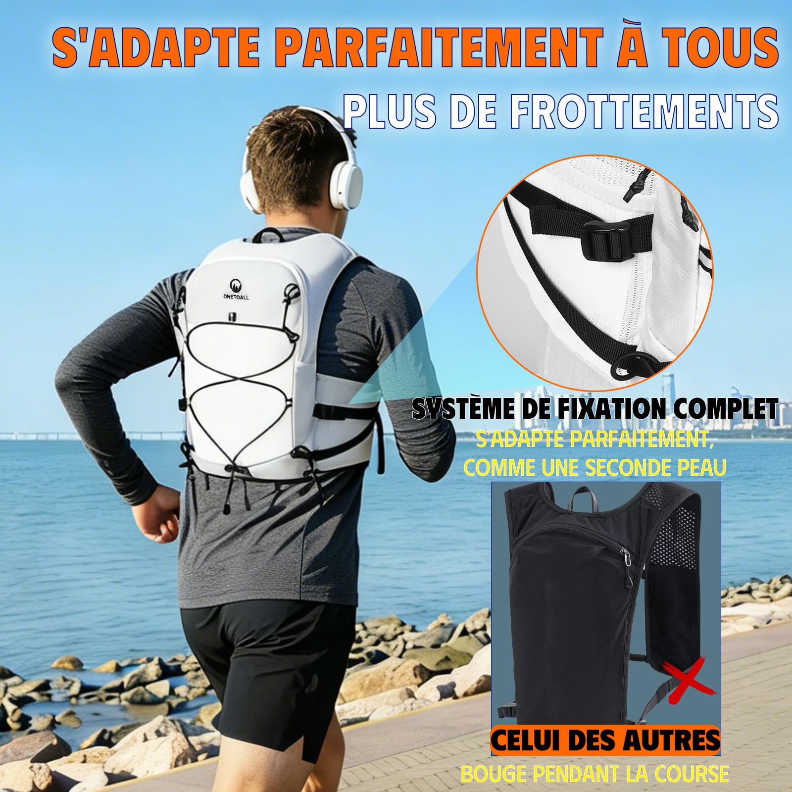 ONETOALL Gilet d'Hydratation Réfléchissant avec 2 Bouteilles 500ml - Sac à Dos de Course pour Homme Femme - Veste Running pour Marathon, Trail, Jogging - 3
