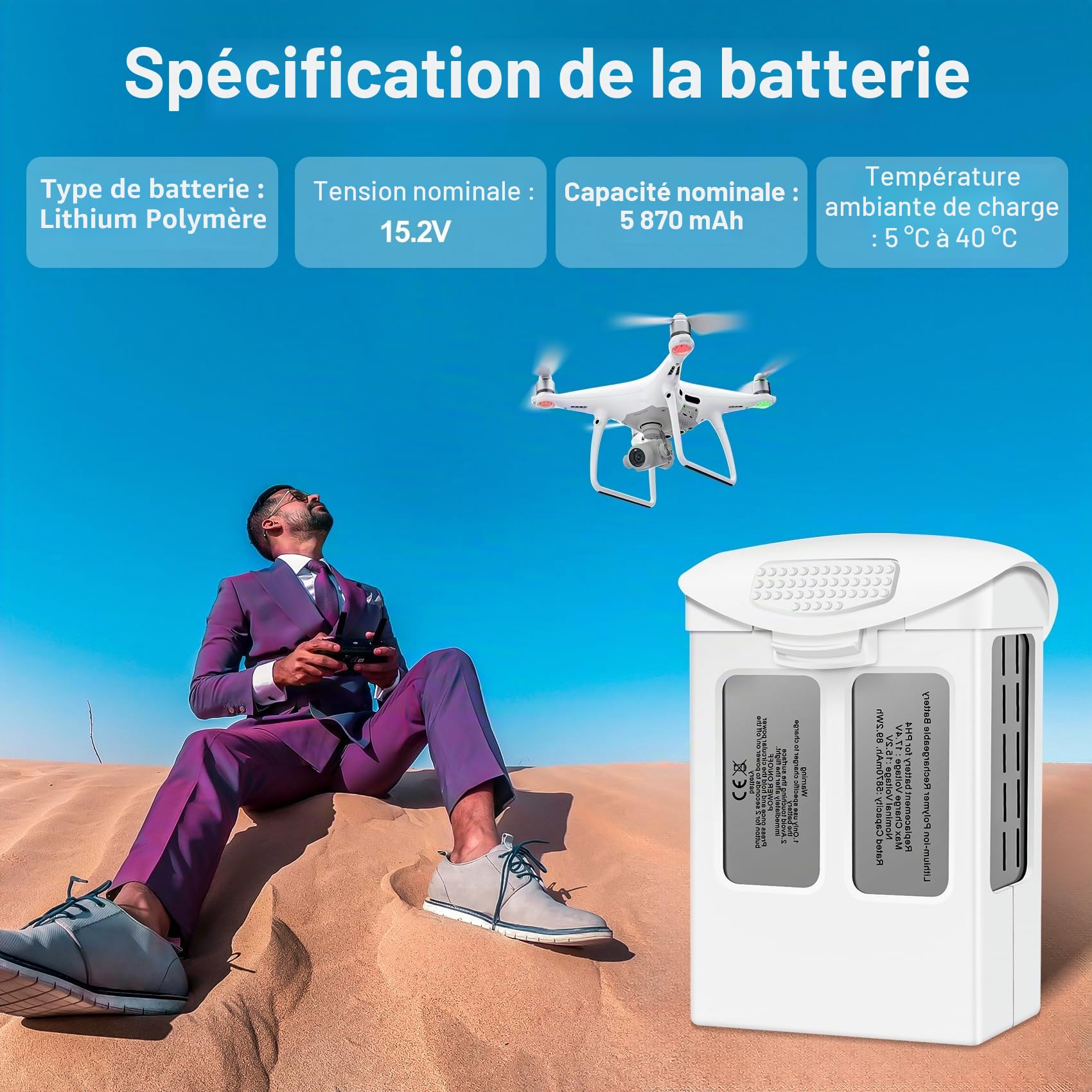 Fantasyo Phantom 4 Lot de 2 batteries de rechange 5870 mAh pour DJI Phantom 4, DJI Phantom 4 Pro, Phantom 4 Pro V2.0, Phantom 4 Advanced Drone Series