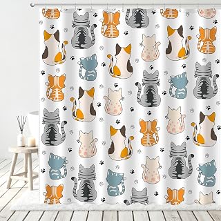 Fun Back View Cat Shower Curtain Set, Cute Animal Kitten Colorful Home Bathroom Decor, Polyester Cloth Fabric Bath Curtain with 12 Hooks 72" W x 72" L