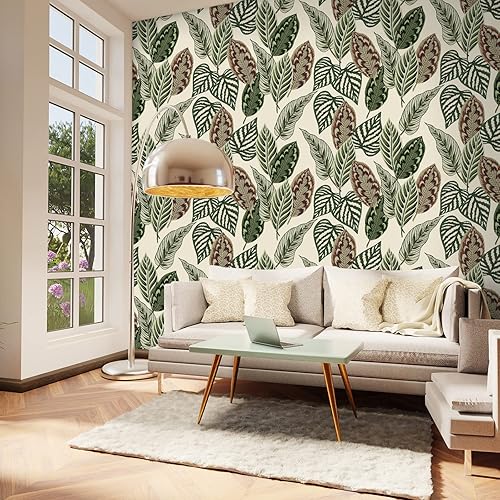 Miniatura 5 de VaryStyle Papel tapiz de hojas de palma tropicales de 17.7 x 118 pulgadas, color verdebeige, hojas de palmera botánicas, despegar y pegar, papel