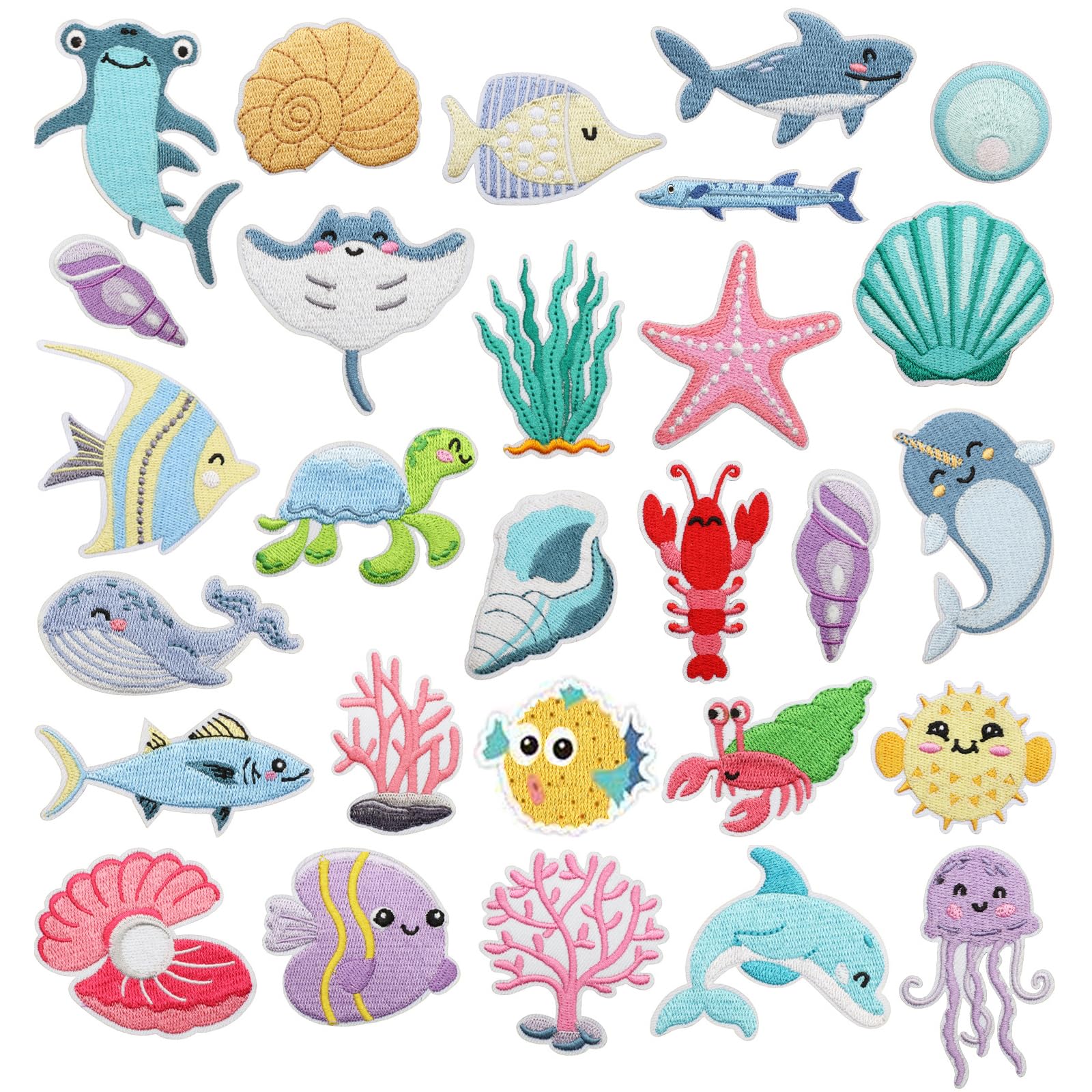 28pcs Sea Animal Iron/Sew on Patches Marine Organisms Embroidered Patches Iron Cute Summer Embroidered Applique for Ocean Beach Decration for Clothes, Hat, Bag, Jeans — image 1