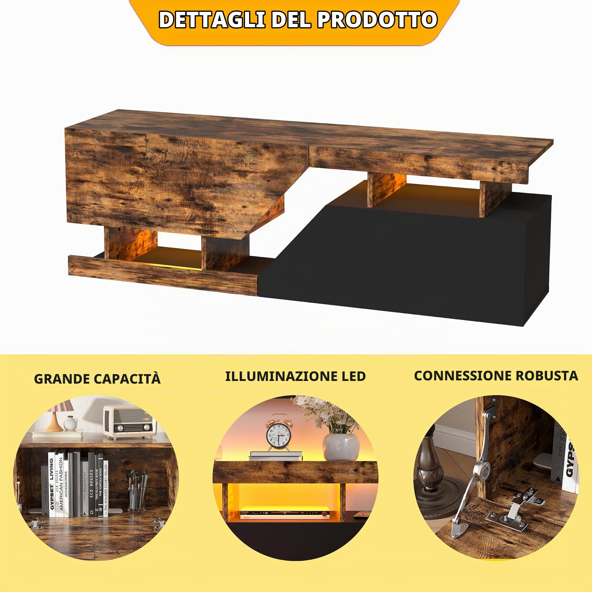 Mobiletto Basso per TV Armadio Moderno per TV Tavolino Porta TV per Televisore fino a 65 Pollici 2 sportelli/porte Mobile Porta TV con Luci LED con apertura senza presa Mobile TV di Legno per Salone