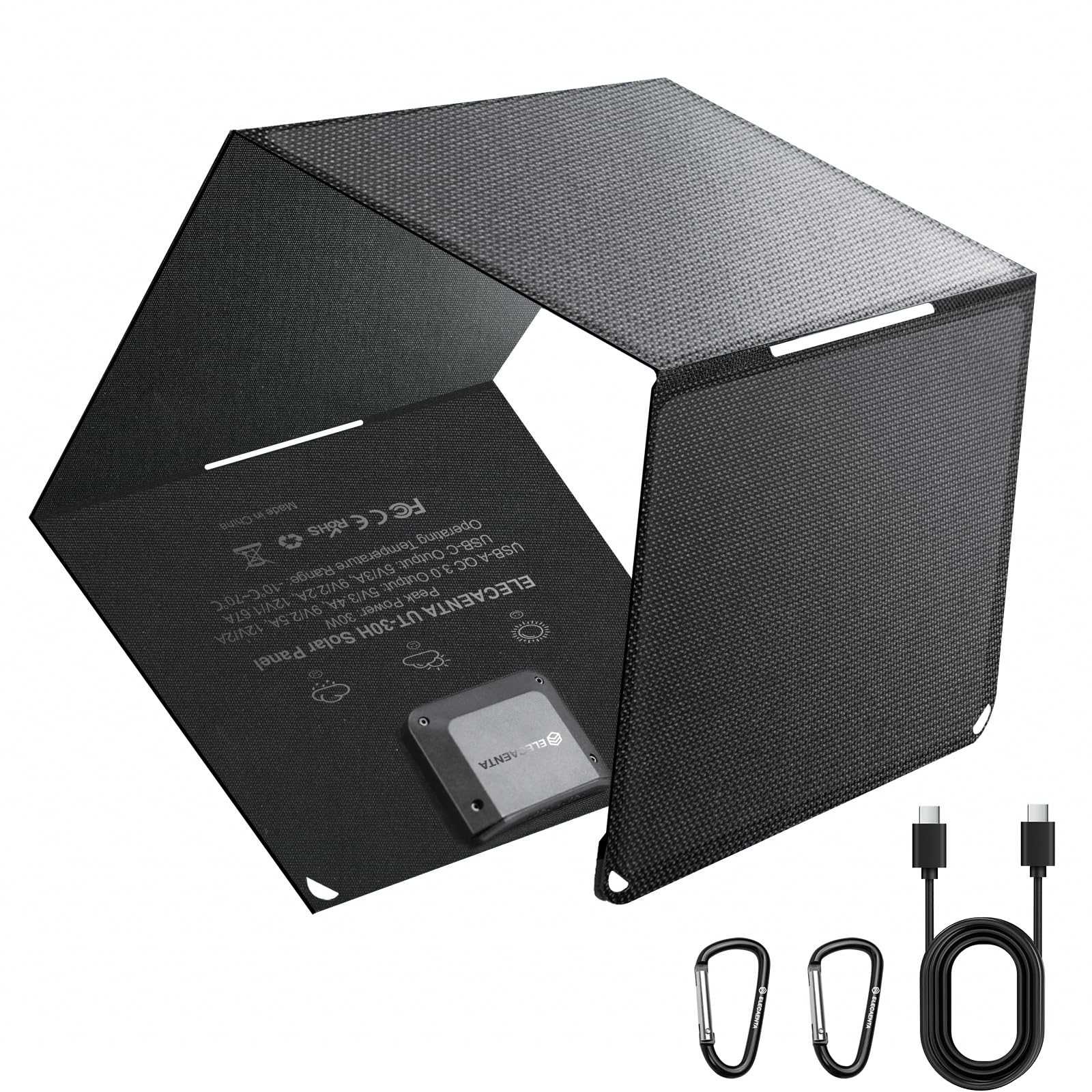 ELECAENTA Panel Solar Portatil 30W, Cargador Solar Plegable con USB-A/USB-C Doble Puerto, IP68 Impermeable para Camping Senderismo, Placa Solar Portatil para iPhone/Android, iPad, Powerbank