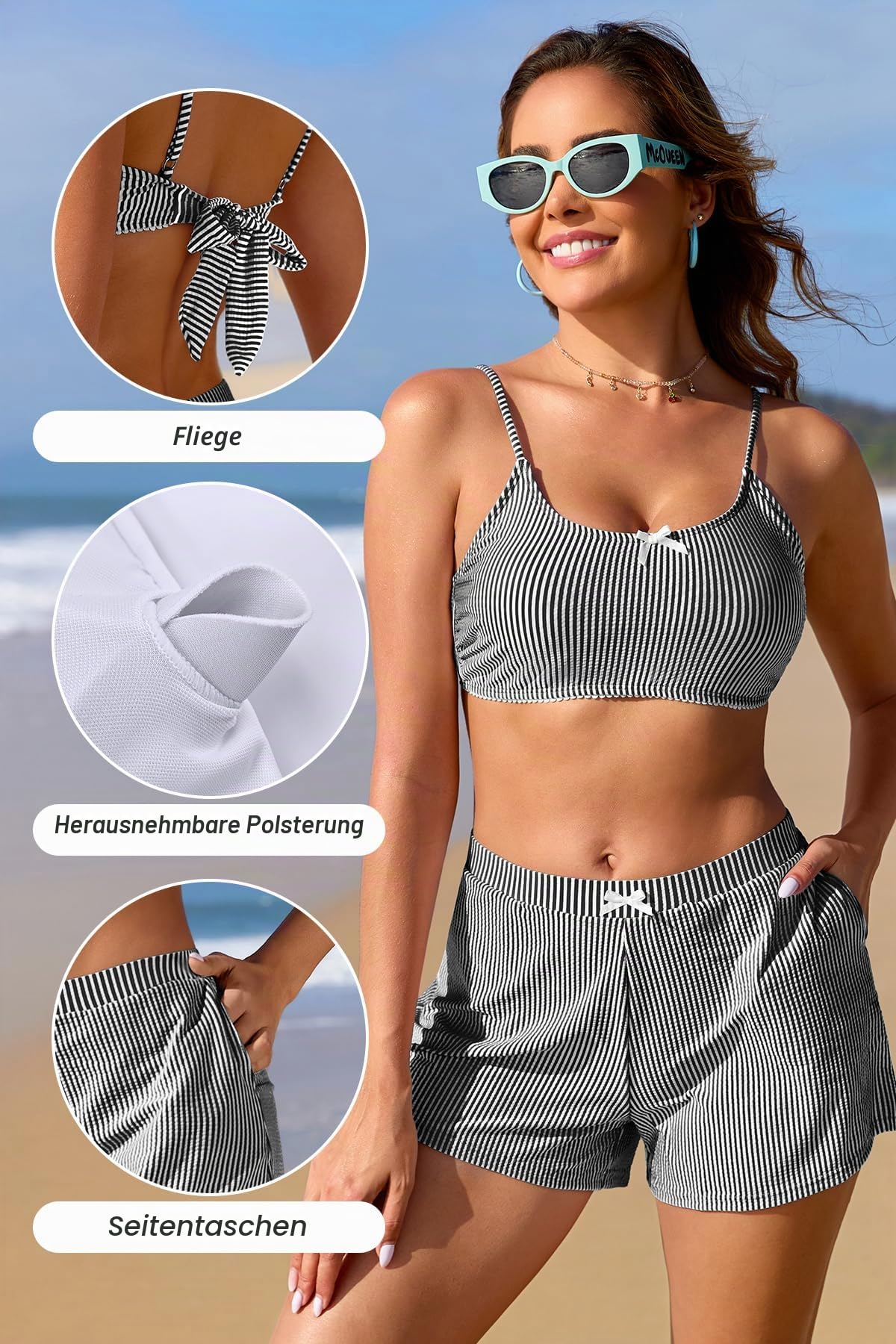 SHEKINI Damen Bikini Set High Waisted Bikini Shorts mit Taschen Zweiteiliger Badeanzug