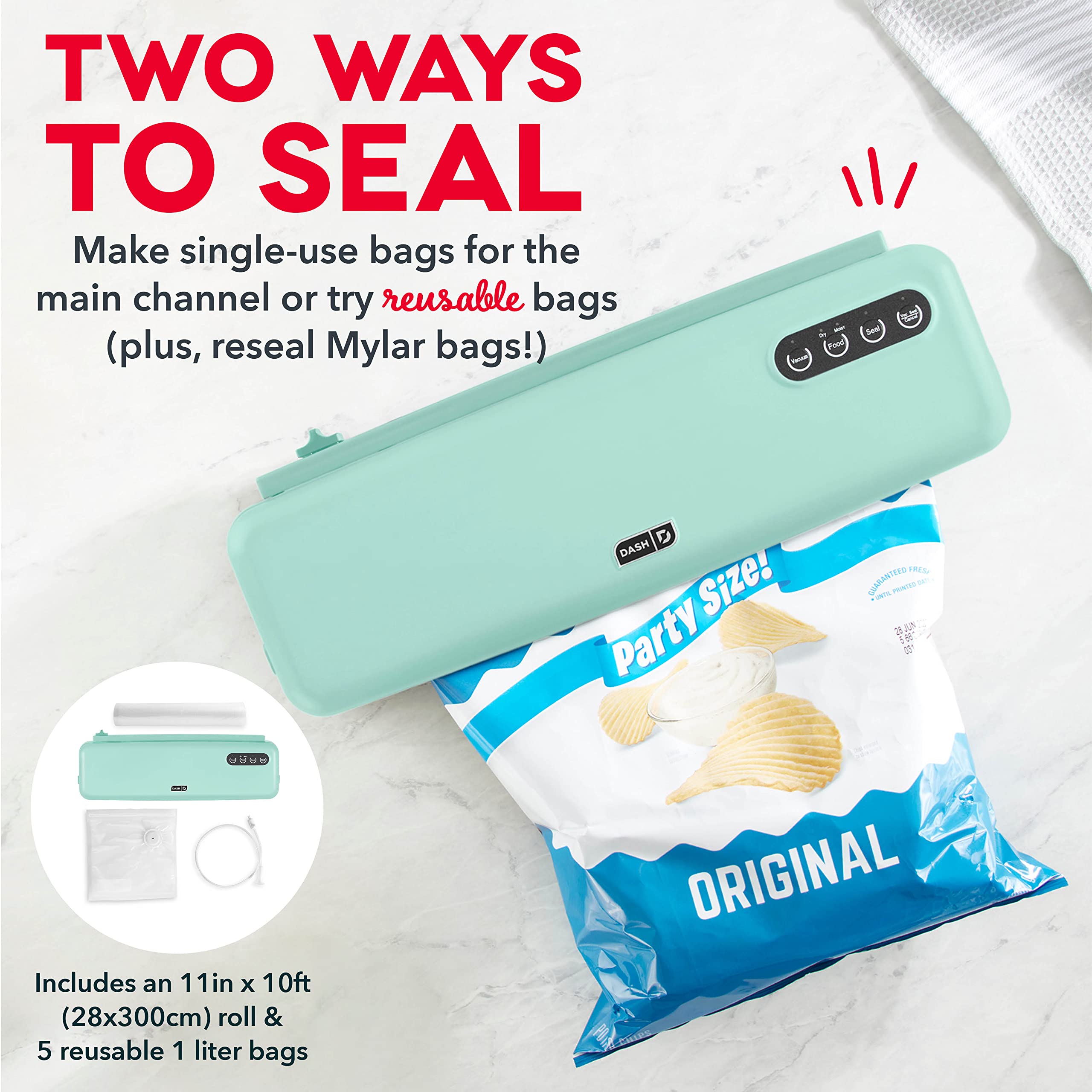 DASH SuperSeal™ sellador al vacío para almacenamiento de alimentos y Sous Vide, perfecto para preservar ingredientes frescos, bolsas y cortador incluidos - Aqua