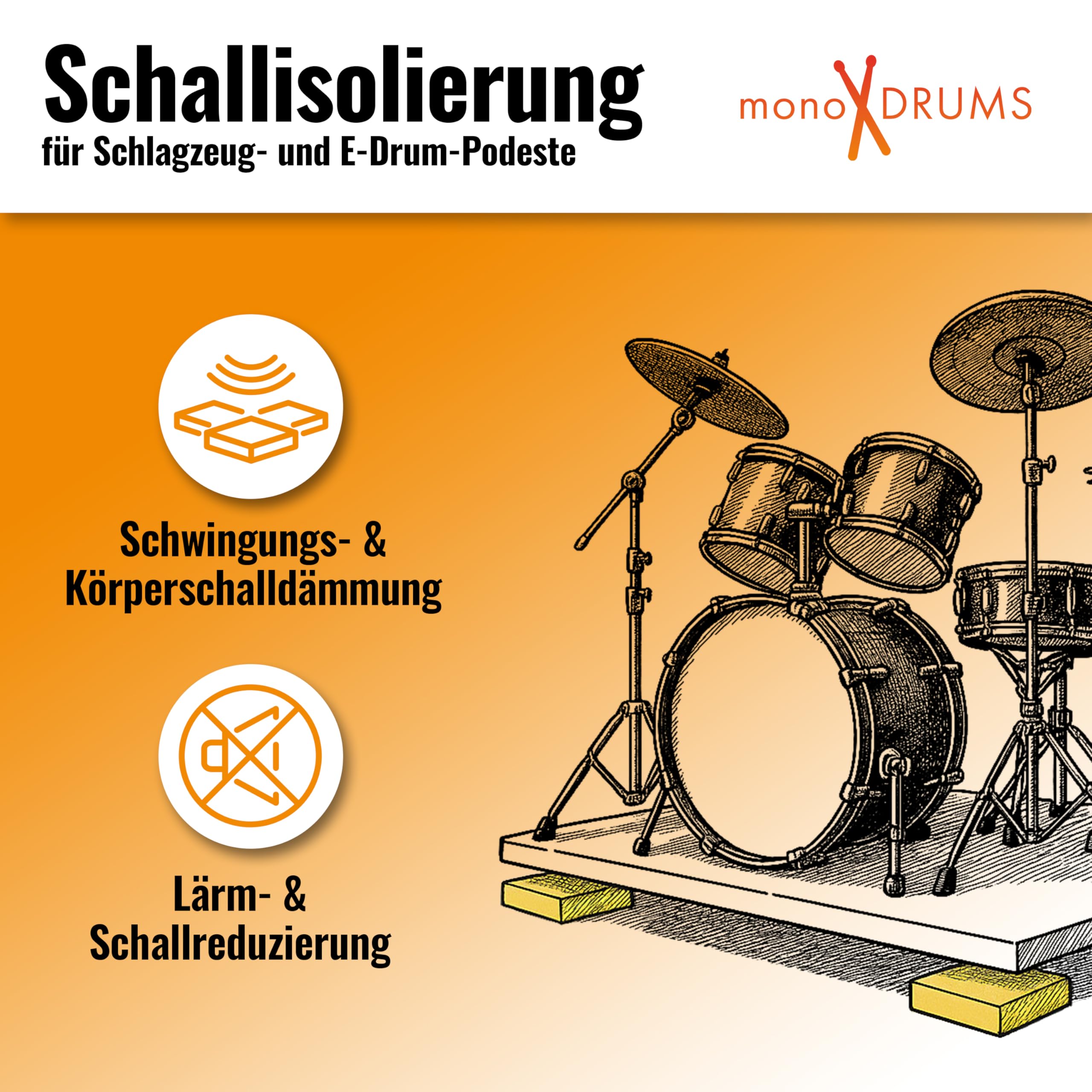 6x monoDRUMS Schlagzeug Sylomer Pads –150×150×25 mm – Traglast 150 kg – für Schlagzeug Zubehör Drum Podest (6er)