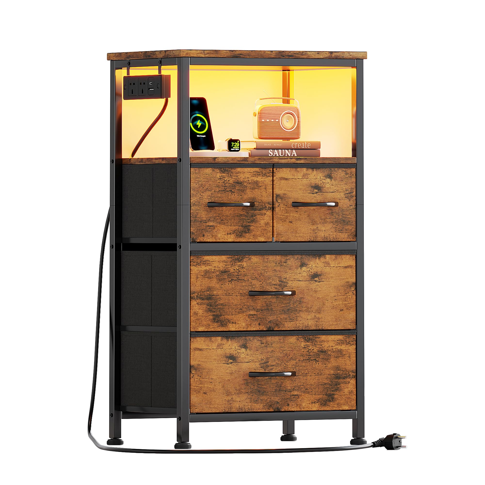Flrrtenv Bedside Table with Charging Station, 4 Drawers Fabric Chest of Drawers for Bedroom, LED Night Stand with Storage Shelf, End Table with 2 AC Outlets & USB Ports for Bedroom, Dorm, Brown