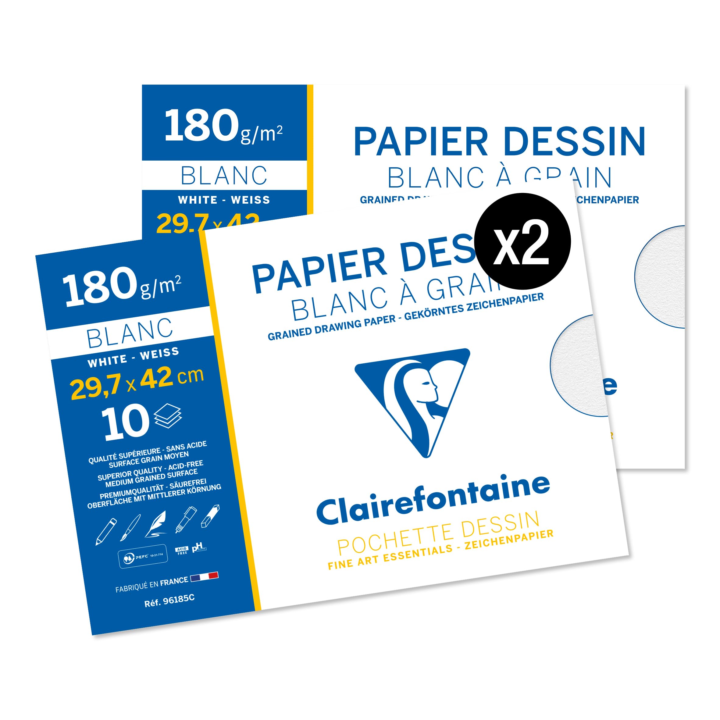 Clairefontaine 96185AMZC - Set of 2 School Drawing Pockets - 10 Sheets of White Grain Drawing Paper - A3 29.7x42 cm 180g - Ideal for Art - Made in France
