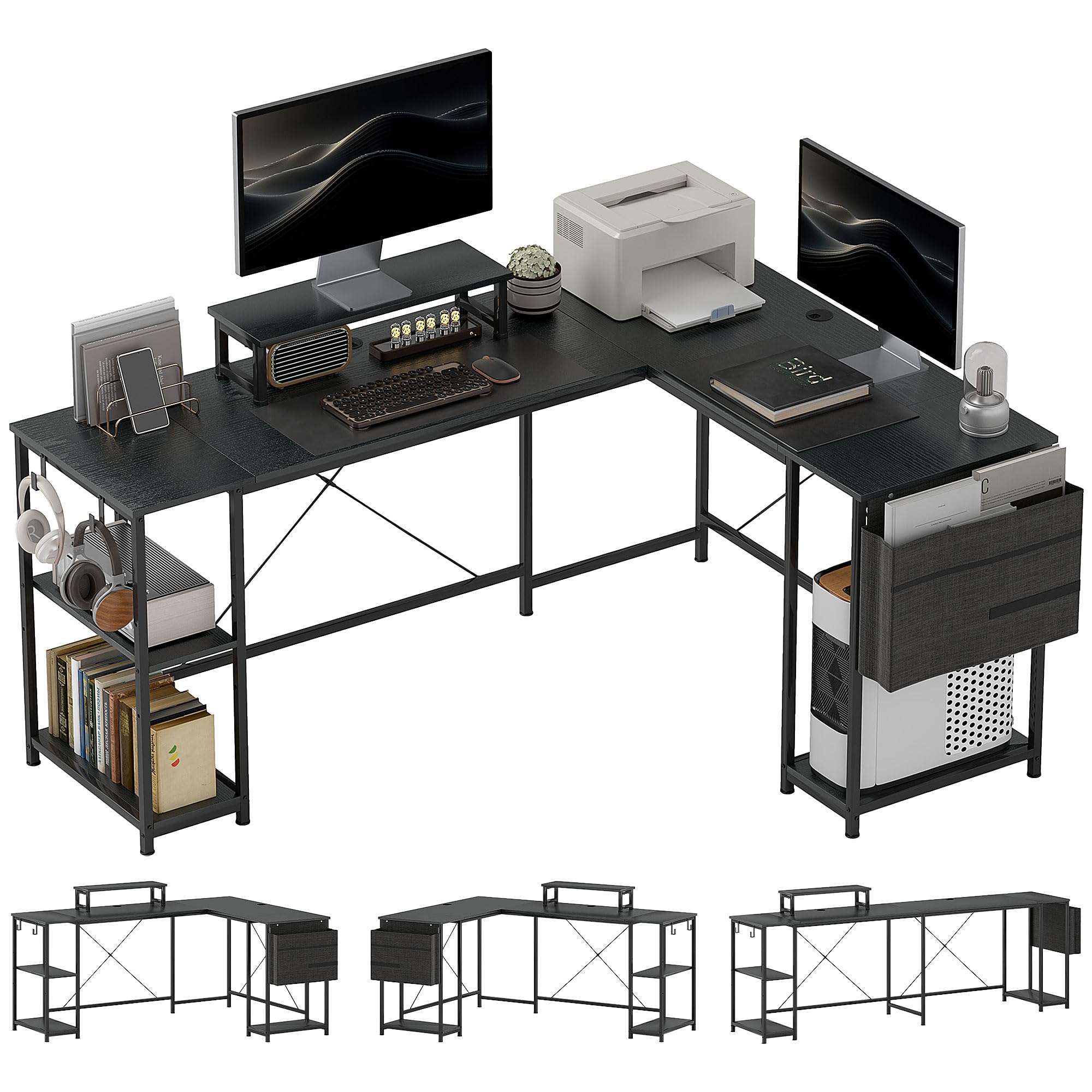 HOMCOM 168cm Reversible L Shaped Desk, Industrial Corner Computer Desk with Adjustable Shelf and Storage Bag, 240cm 2 Person PC Table with Monitor Stand, Black