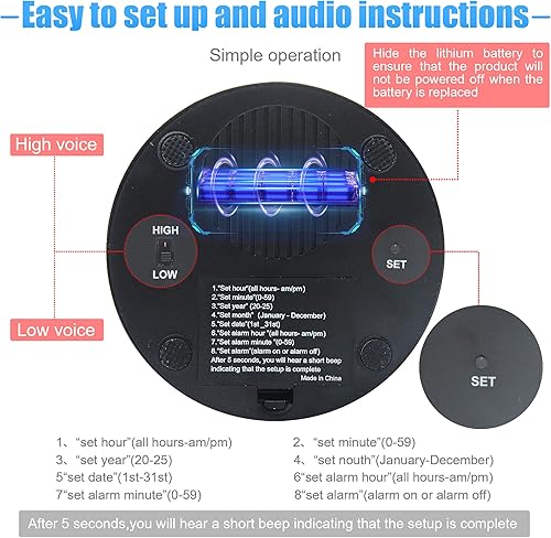 Miniatura 5 de Reloj despertador con botón extra grande con control de volumen, habla la hora, la fecha y el día, perfecto para ciegos, ancianos o con discapacidad