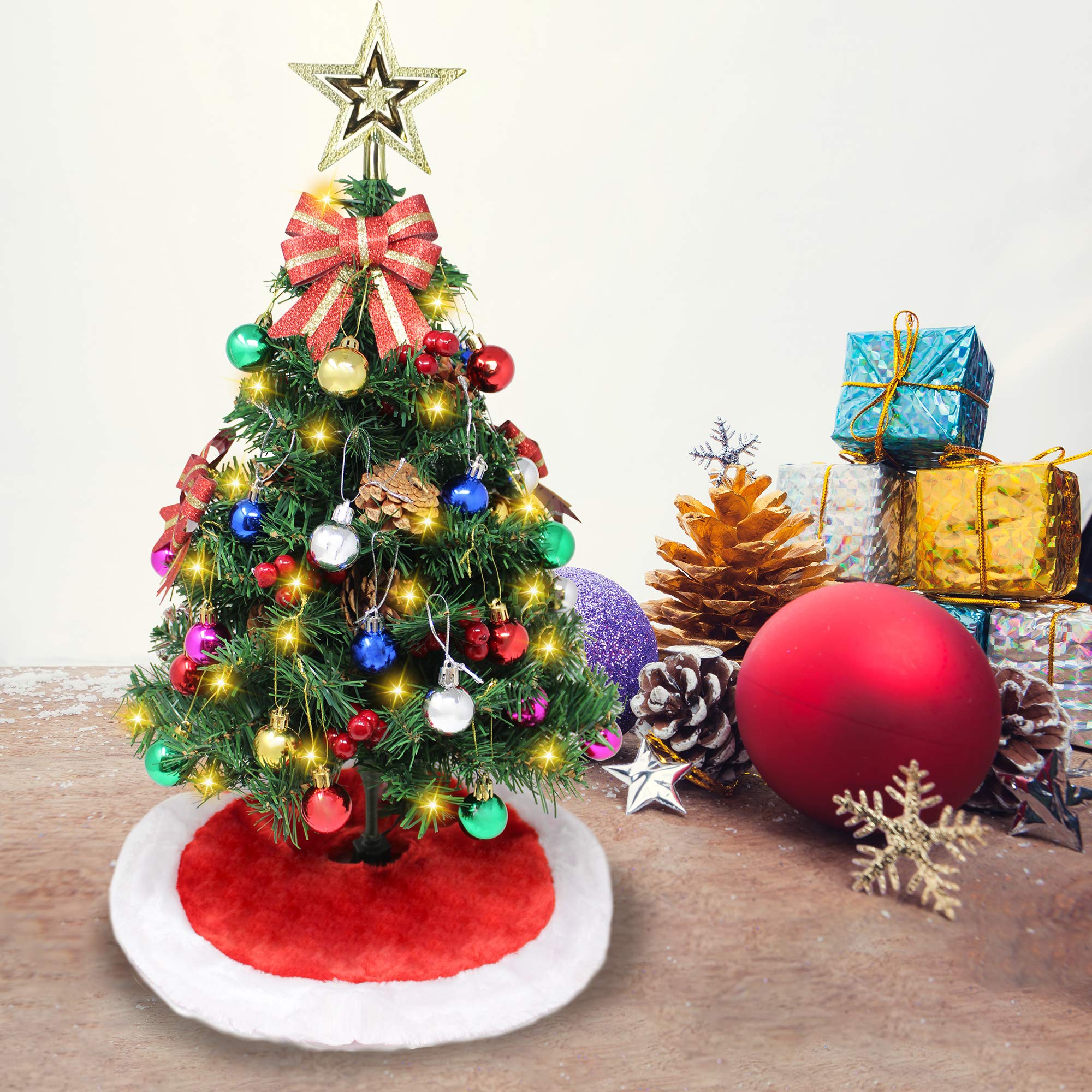 24" Prelit Tabletop Christmas Tree with Tree Skirt and Decoration Kits, 50-Count Lights pre-Lighted Artificial Mini Christmas Tree for Christmas Tabletop d??cor