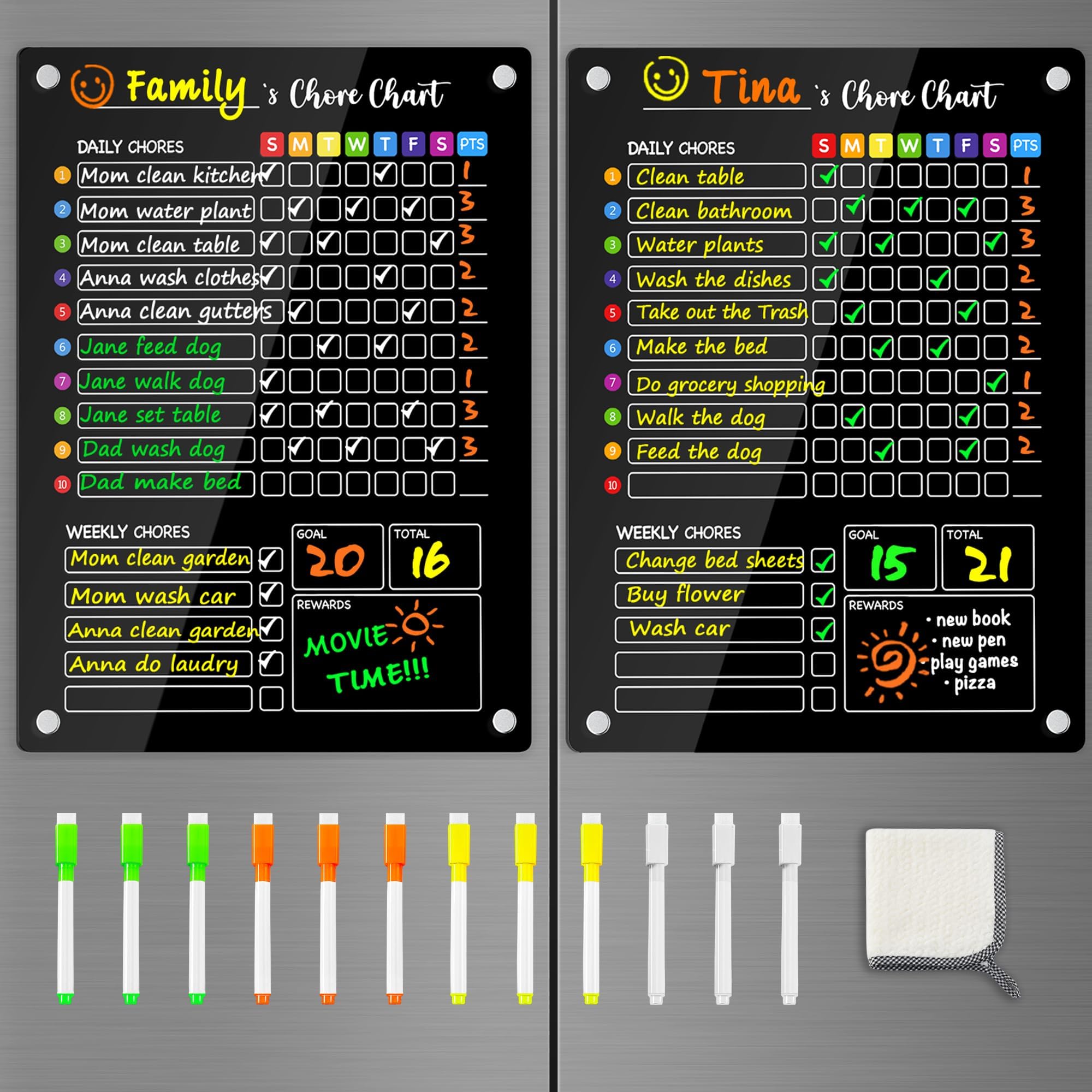 PigPotParty Black Acrylic Magnetic Chore Chart for Multiple Kids, 12"x16" Reward Responsibility Chart, 2 Pcs Daily Weekly Dry Erase Fridge Chore Board