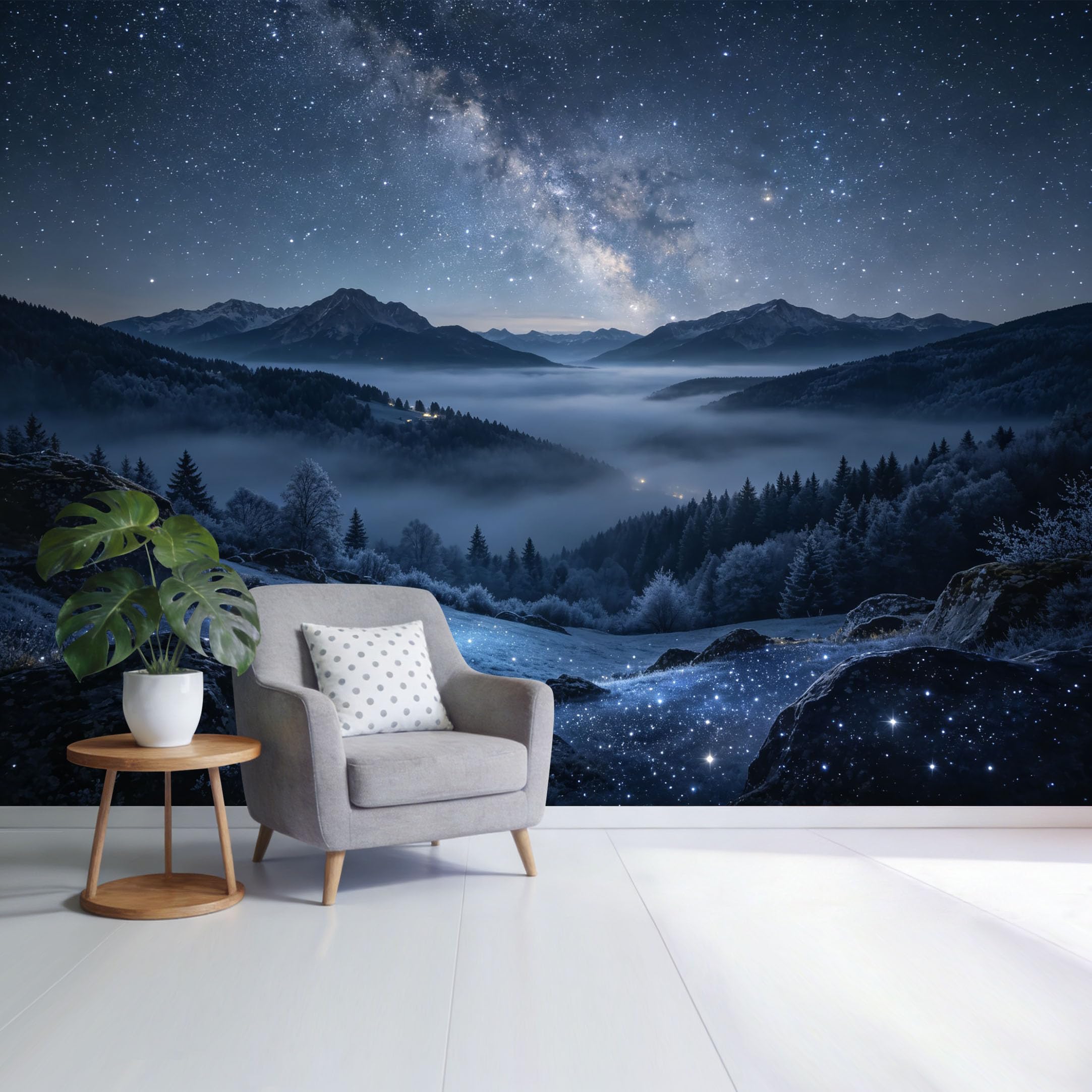 Custom Size Wall Mural Starry Night Mountain Landscape Milky Way Forest Valley Scenic View SelfAdhesive Wall Fabric Removable Wallpaper for Home Office Decor