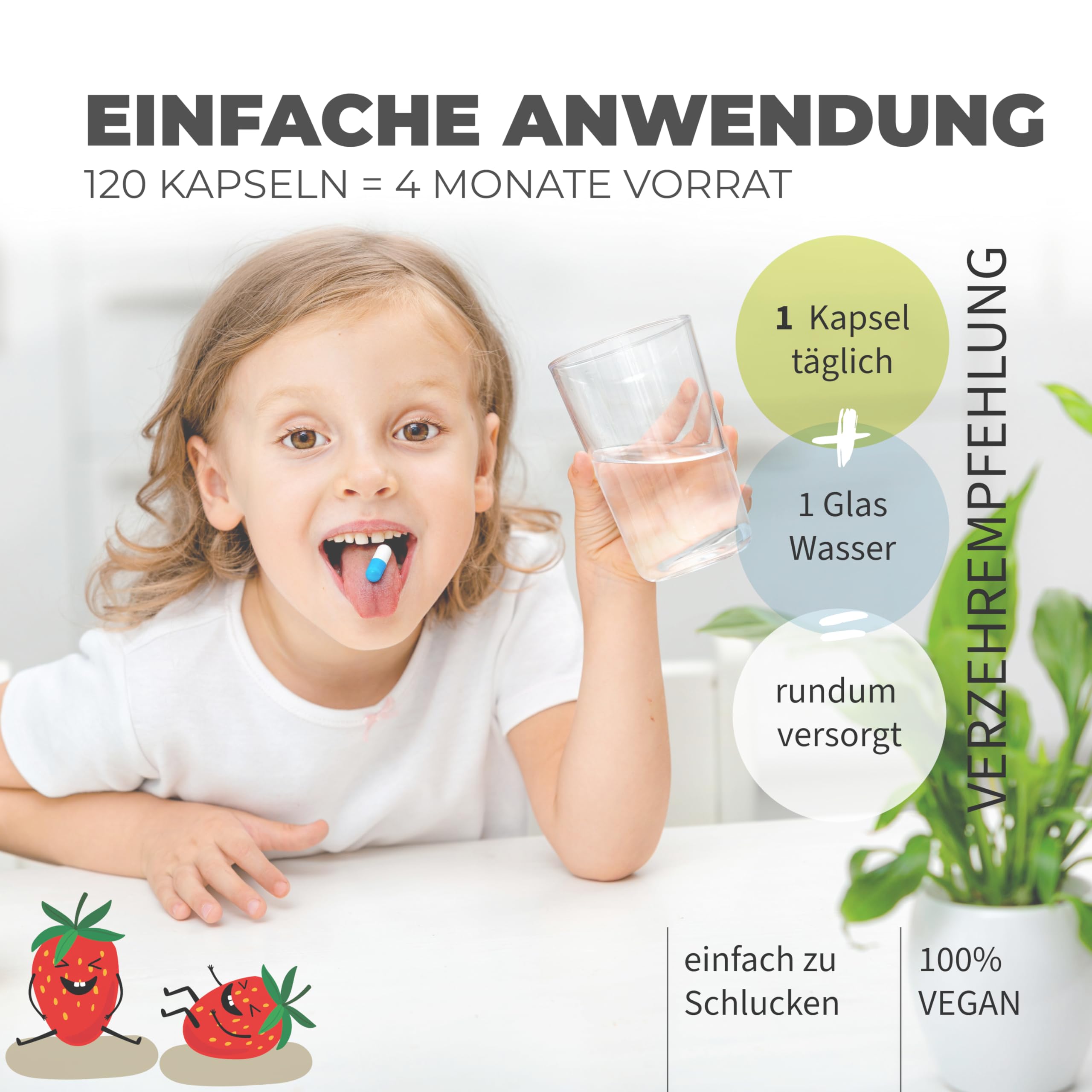 natural aid Daily Vegan For Kids Multivitamin Kinder Komplex - Vitamine & Omega 3 mit Vitamin D3 K2 B12 B6 A C E + Mineralien - Vegan, Ohne Zucker, 120 Kapseln, 4 Monate Vorrat