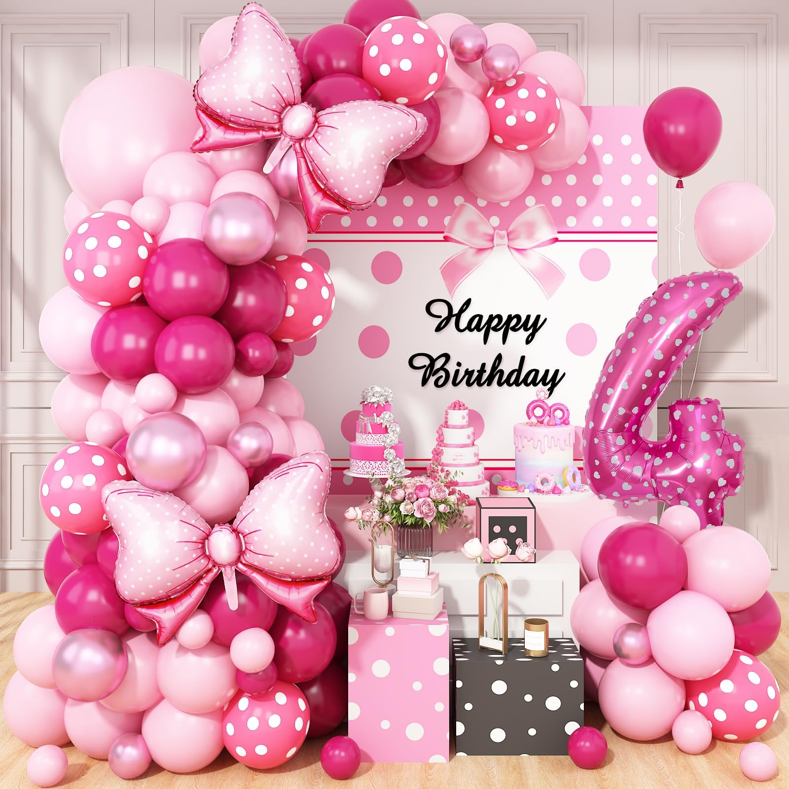 Pink 4th Birthday Balloons Decorations, Hot Pink Rose Polka Dots Balloon Arch Kit, Huge Bow Foil Balloons, pink Number 4 Balloon Tower for Baby Shower
