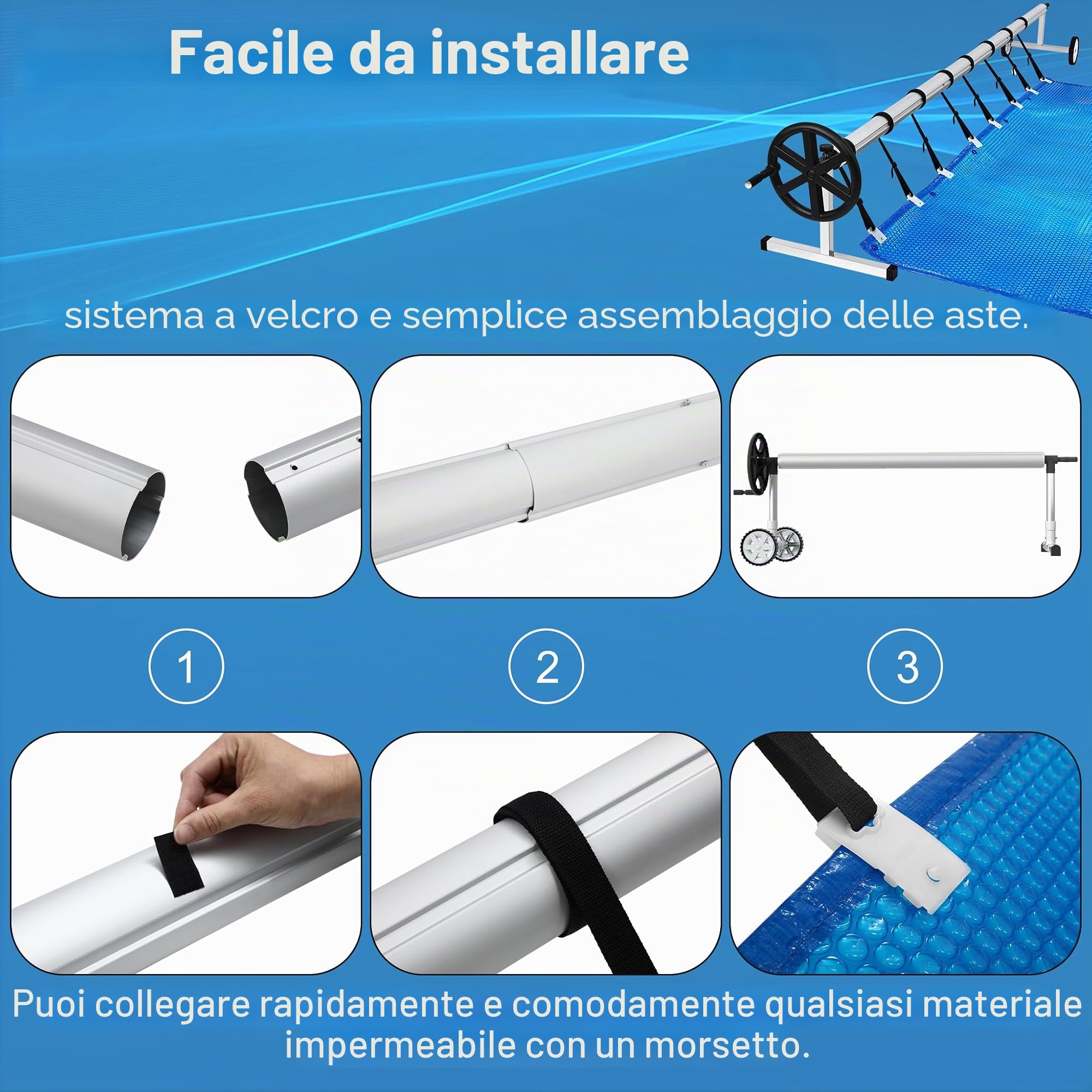 UISEBRT Avvolgitore per Piscina Mobile Avvolgitore per Pellicola di Piscina 3m - 5,70m per Telo di Piscina, Dispositivo di Avvolgimento per Pellicola di Piscina con Fascette di Fissaggio & Ruote
