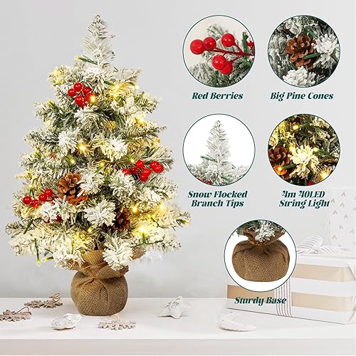 Miniatura 3 de Árbol de Navidad Uten Acoplado de Nieve Pequeño, Conos de Pino RedondosFrutas Rojas, 40 LED Impermeables Caja de Batería con Base de Cemento Mini