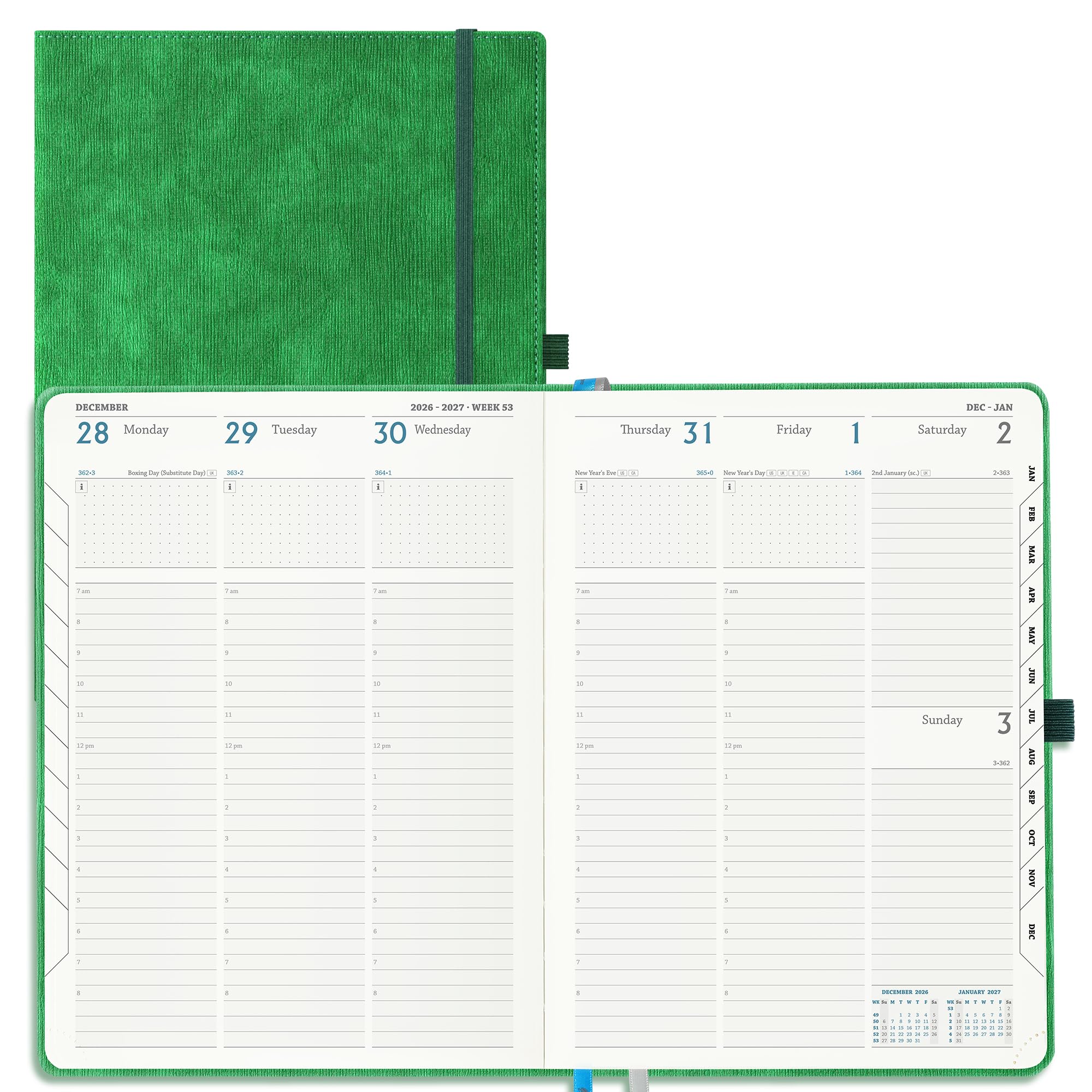 IN-LUXPRO Academic Diary 2026-2027 Week to View A4 Large(29x21.5 cm) 18 Months (Jul'26 - Dec'27) Mid Year Diary 26/27 Vertical Weekly Planner with Timeslots& Month Tabs, PU Leather Green