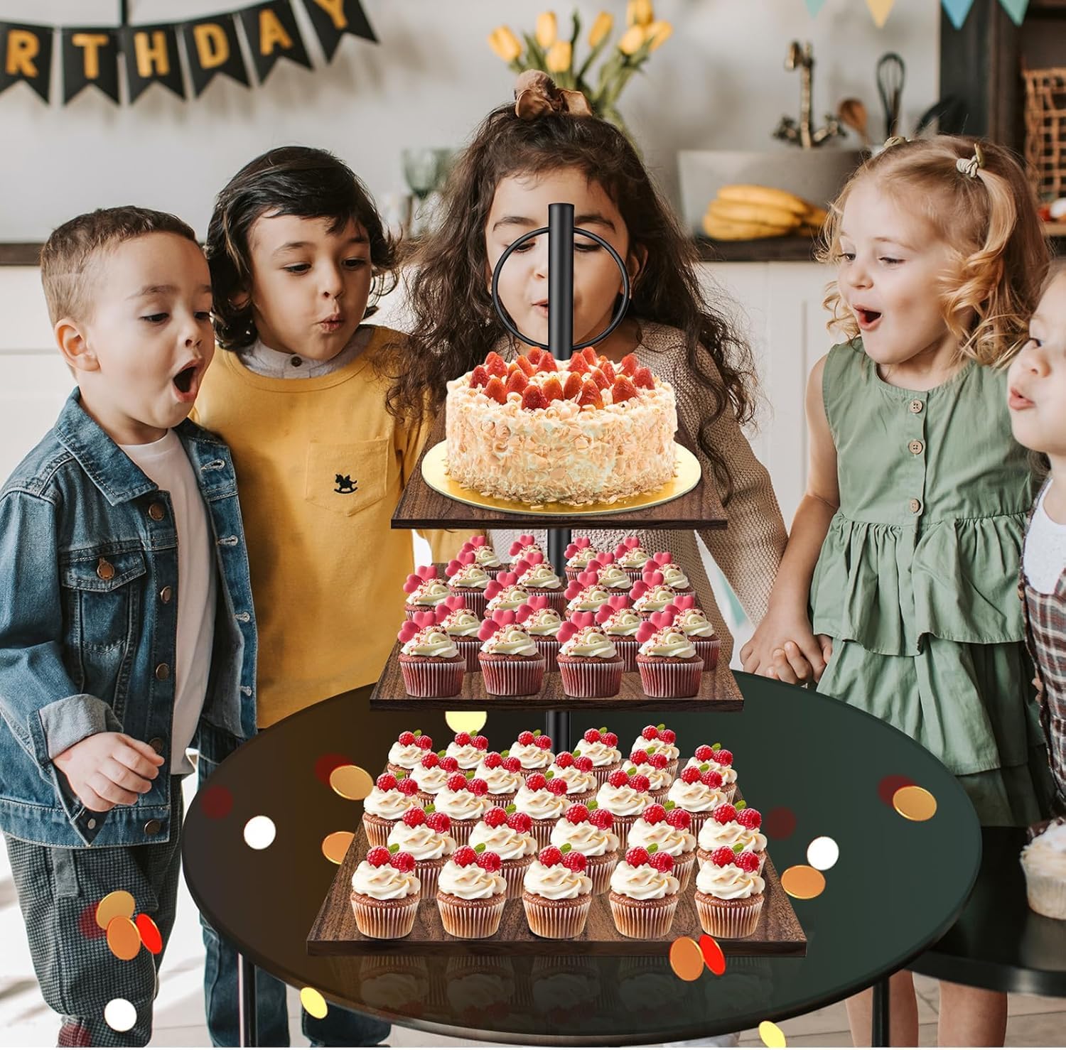 Étagère à gâteaux/cupcakes à 3 étages en bois | Plateau à gâteaux Support à gâteaux Support de service avec poignée métallique | pour anniversaire, goûter, fête, mariage, 30 cm x 30 cm
