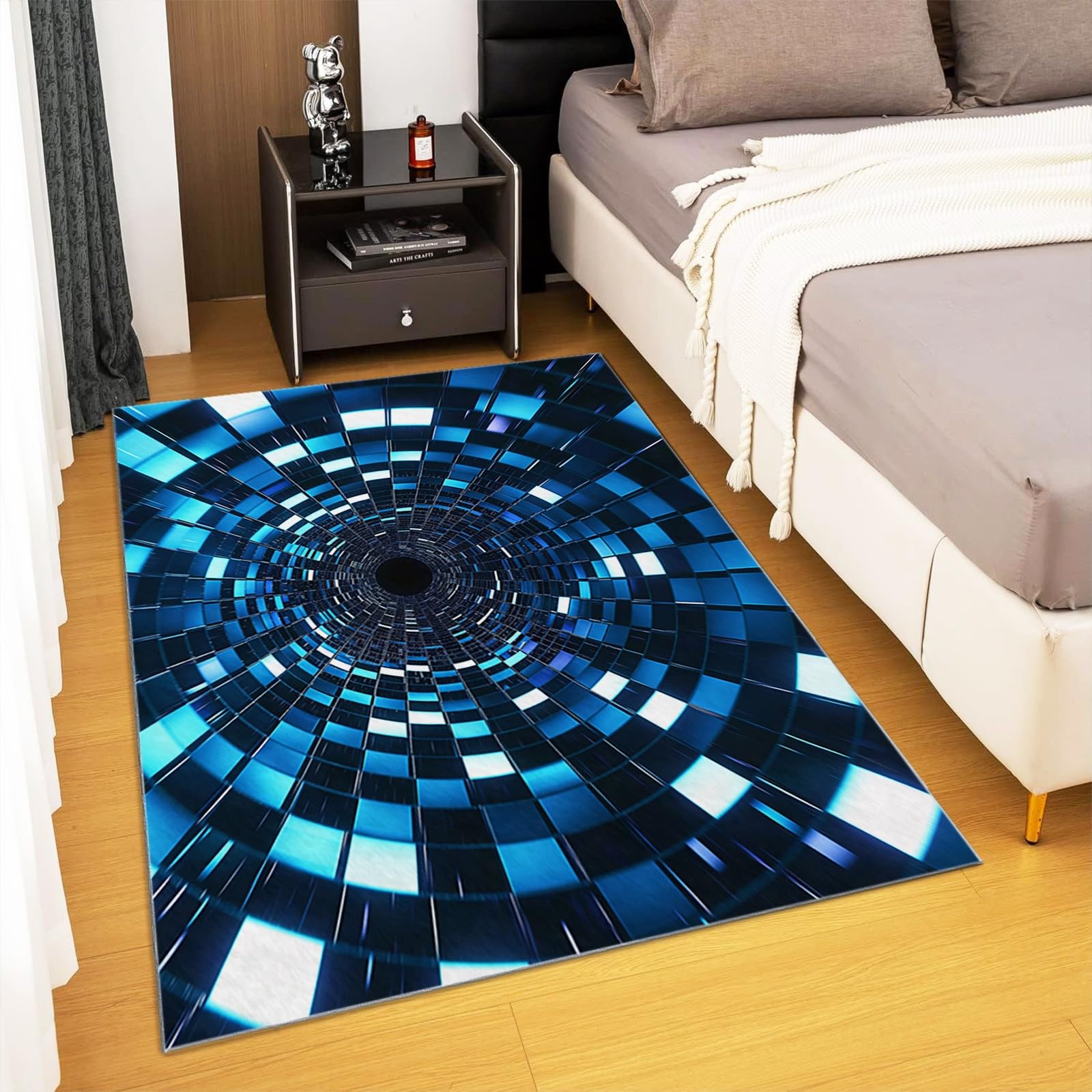 Tapis Doux et Confortable Antidérapant Tapis Lavable en Machine Carpettes 160x230cm Tunnel Effet Trompe L'œIl 3D Tapis à Poil Court de Salon, Salle à Manger Chambre à Coucher, Bleu