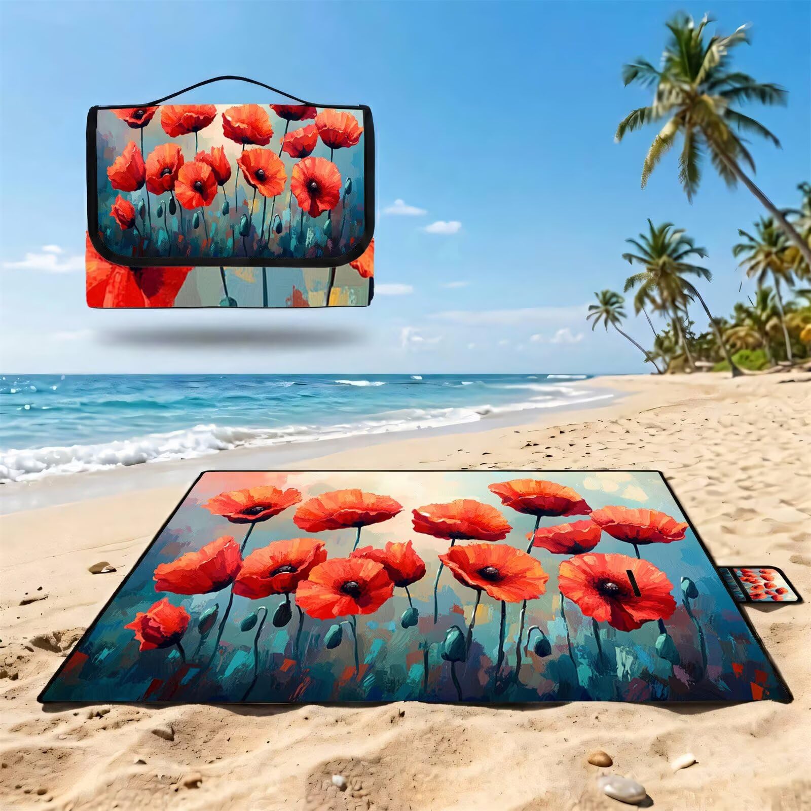 Couverture Pique Nique 200x200cm,Outdoor Couverture Imperméable,Pliable Tapis de Plage Dos en PVC,Grande Picnic Blanket pour Camping Accessoires,Jardin,Parc - Fleurs de pavot,vert œuf de canard UZ-241