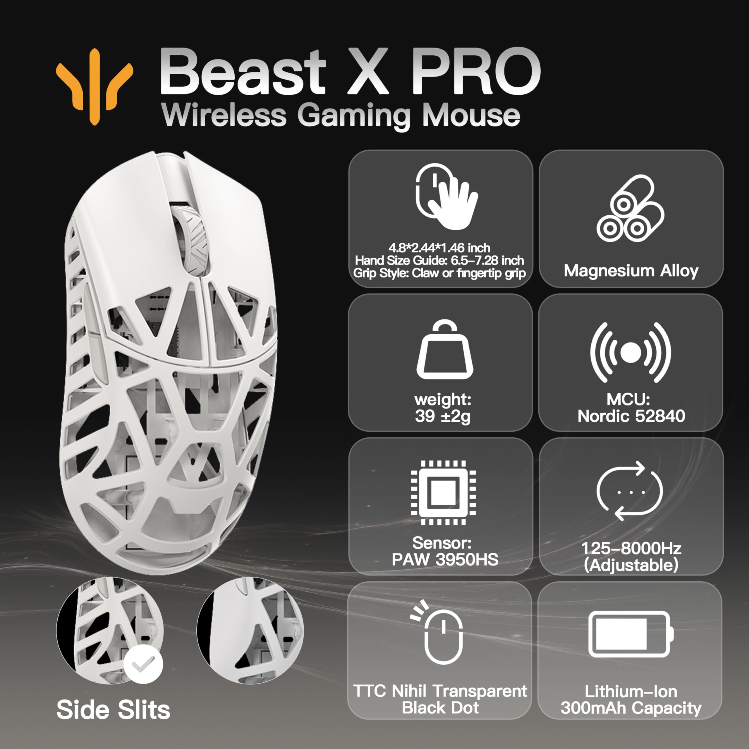 WLMOUSE Beast X Pro - Ratón ultraligero para juegos de magnesio de 39 g, sensor HS PAW3950, tasa de sondeo de 8K, 30000 interruptores DPI, OM y TTC, paneles laterales personalizables. (blanco