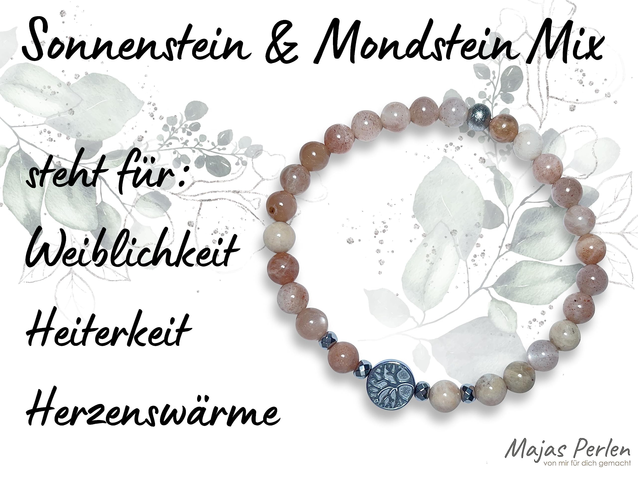 Mondstein Sonnenstein Mix Armband Perlen echt 6mm Lebensbaum Hämatit Silber - Handmade Perlenarmband Weiblichkeit Herzenswärme - Spiritueller Schmuck Unisex - Personalisierbar