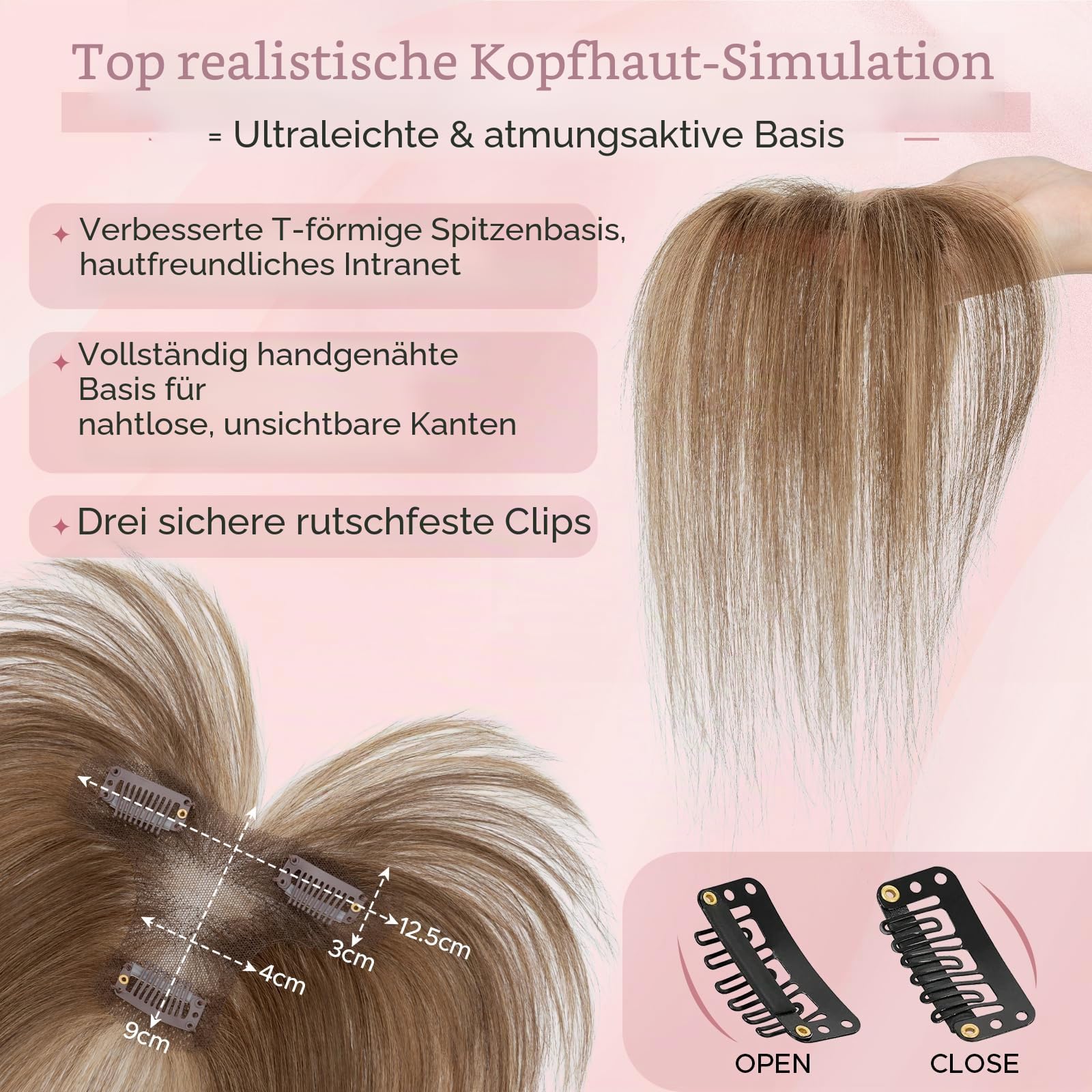 Echthaar Hair Topper für Frauen mit Wispy Pony - Mittelbraun/Dunkelblond Toppers 100% Echtes Haar Clip in Topper Menschliches Haar Top Hat T Spitze Basis für mit Dünnem 13 Gramm