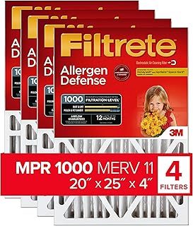 Filtrete 20x25x4 Air Filter, MPR 1000, MERV 11, Allergen Defense 12-Month Deep Pleated 4-Inch Air Filters, 4 Filters