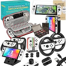 Accessories Kit for Nintendo Switch OLED Games Bundle Carrying Case Screen Protector TPU Case Charging Dock Playstand Game Case USB Cable J-Con Wheels Grips Skin Caps for Nintendo Switch OLED(21 in 1)