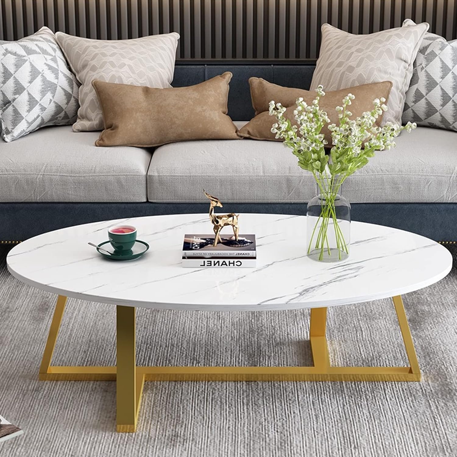 Coffee Table, Living Room Table, Sofa Side End Table, Side Table for Living Room, 100 cm Round Corner for Small Space, Sofa Table with Metal Frame for Home Office Apartment, White Faux Marble + Gold