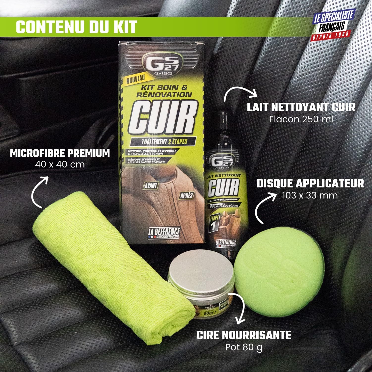 GS27 - Kit Soin et Rénovation Cuir - Entretien Cuir Voiture - 1 Lait + 1 Cire + 1 Microfibre
