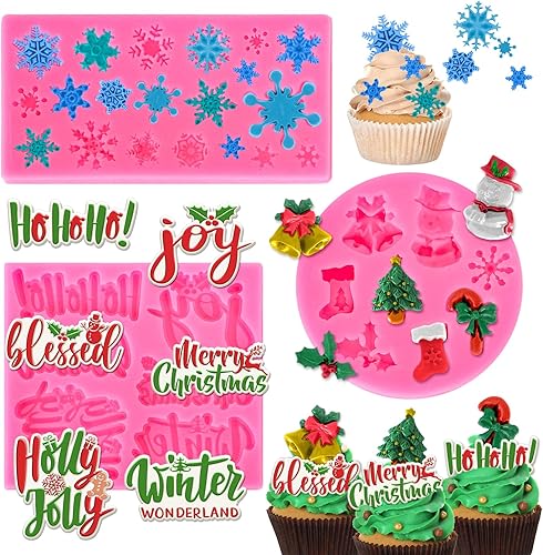 Whaline 3 moldes de silicona para fondant de Feliz Navidad, diseño de copos de nieve rosados, con palabras bendecidas, alegría, acebo, Jolly,