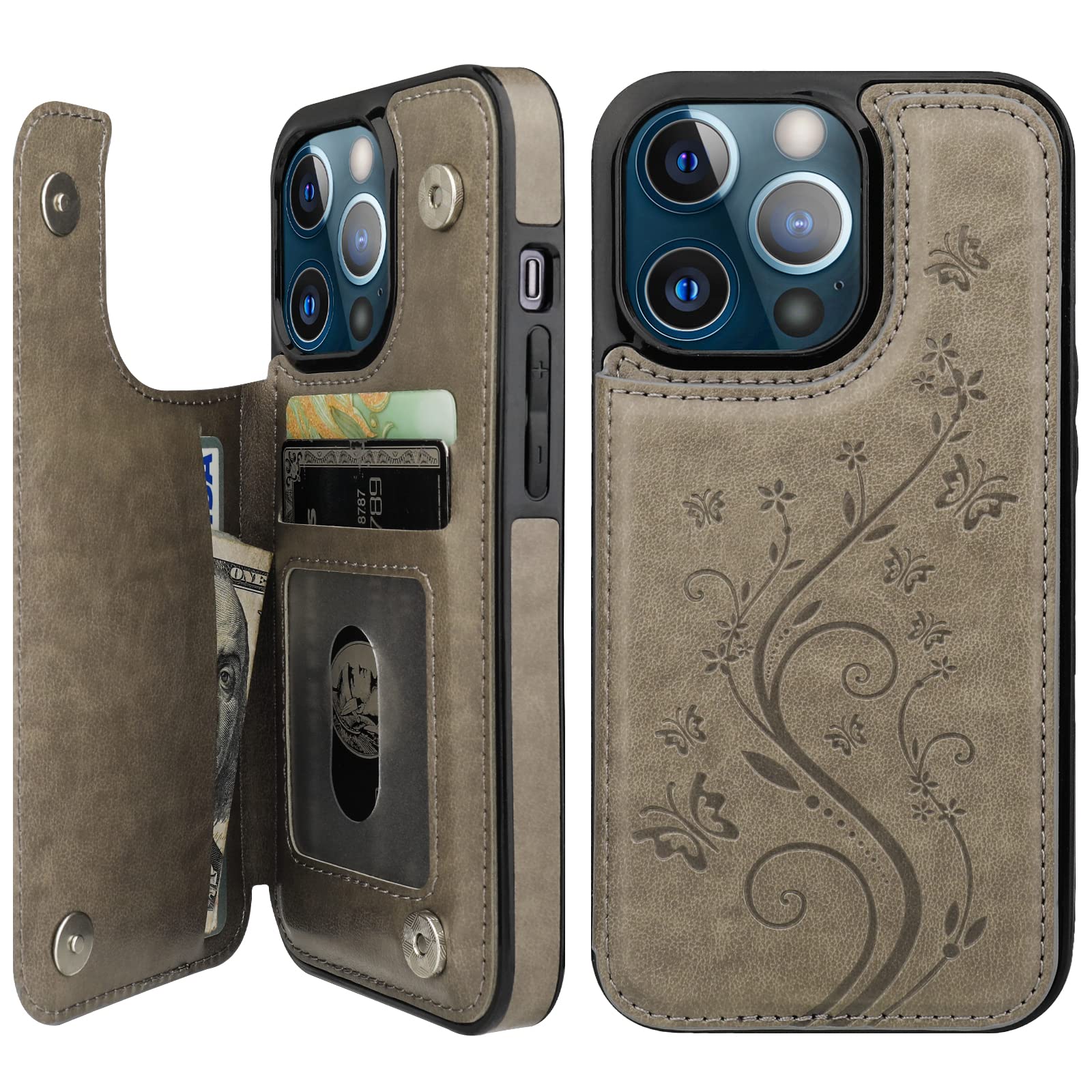 Vaburs Compatible with iPhone 13 Pro Case Wallet with Card Holder, Embossed Butterfly Pattern PU Leather Double Buttons Flip Shockproof Protective Cover for Magnetic Car Mount 6.1 Inch (Gray)